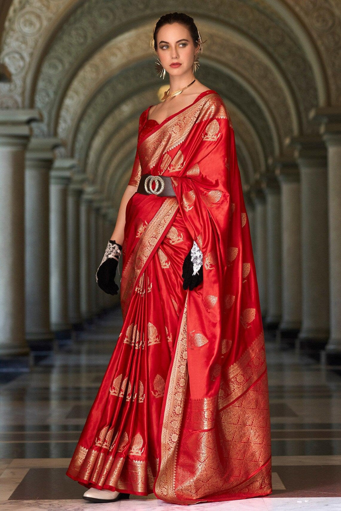 Luxury Red Pure Satin Crepe Silk Saree