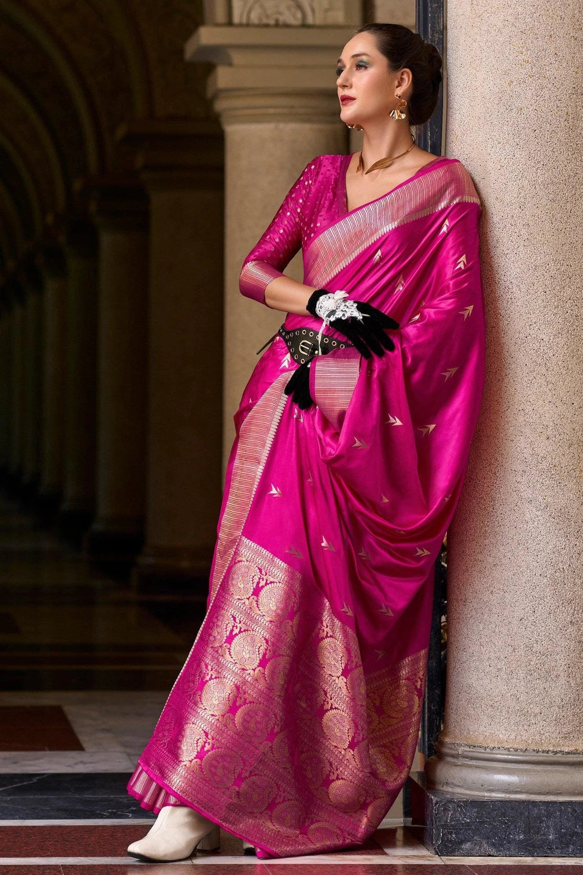 Serene Dark Pink Pure Satin Crepe Silk Saree