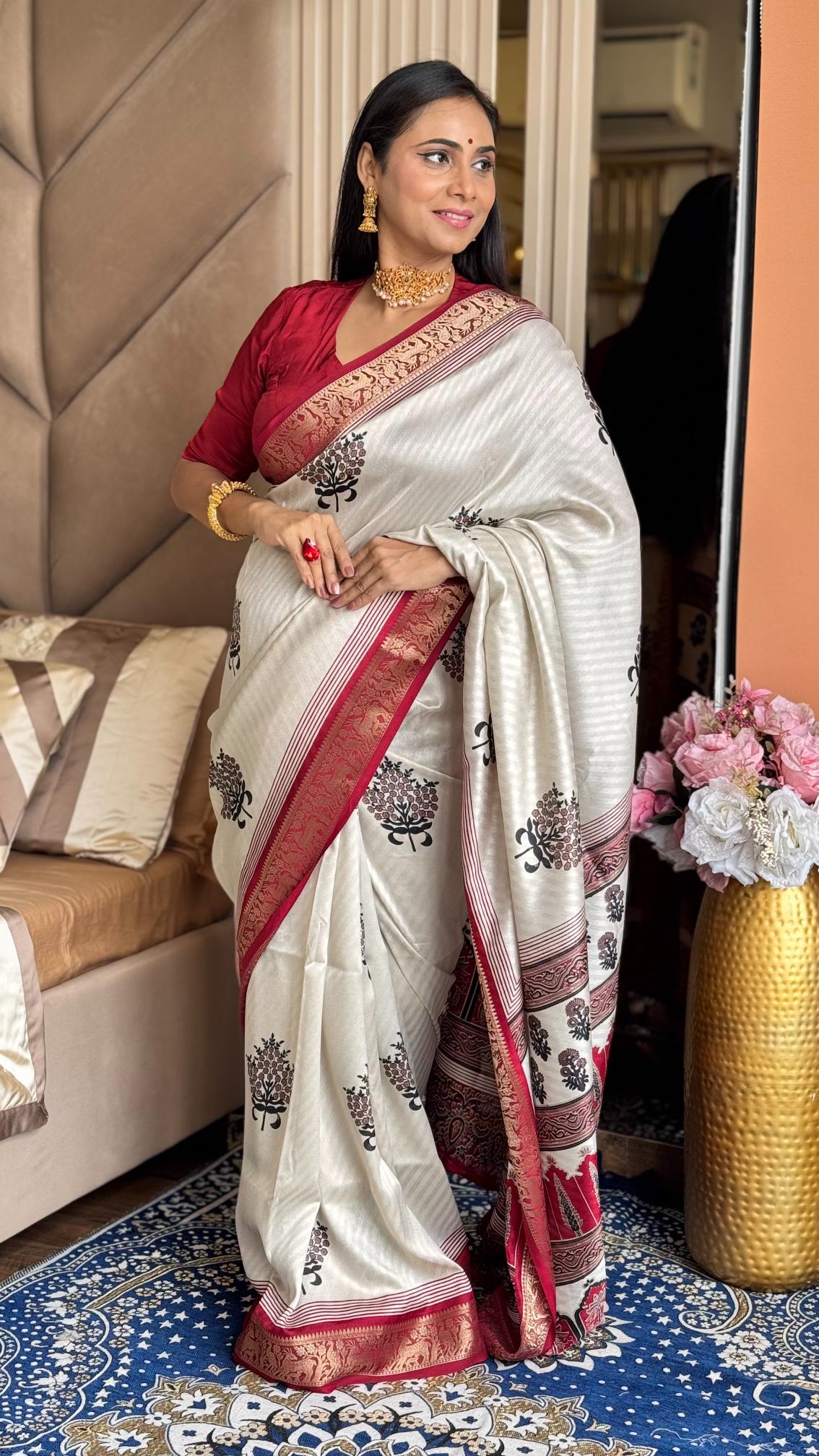 Luxuriant Maroon And Cream Ajrakh Kashmiri Modal silk Buta Leriya Saree