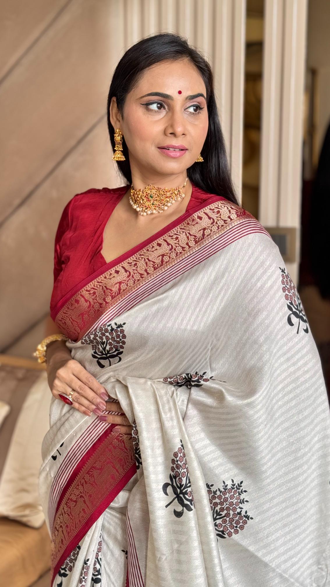 Luxuriant Maroon And Cream Ajrakh Kashmiri Modal silk Buta Leriya Saree