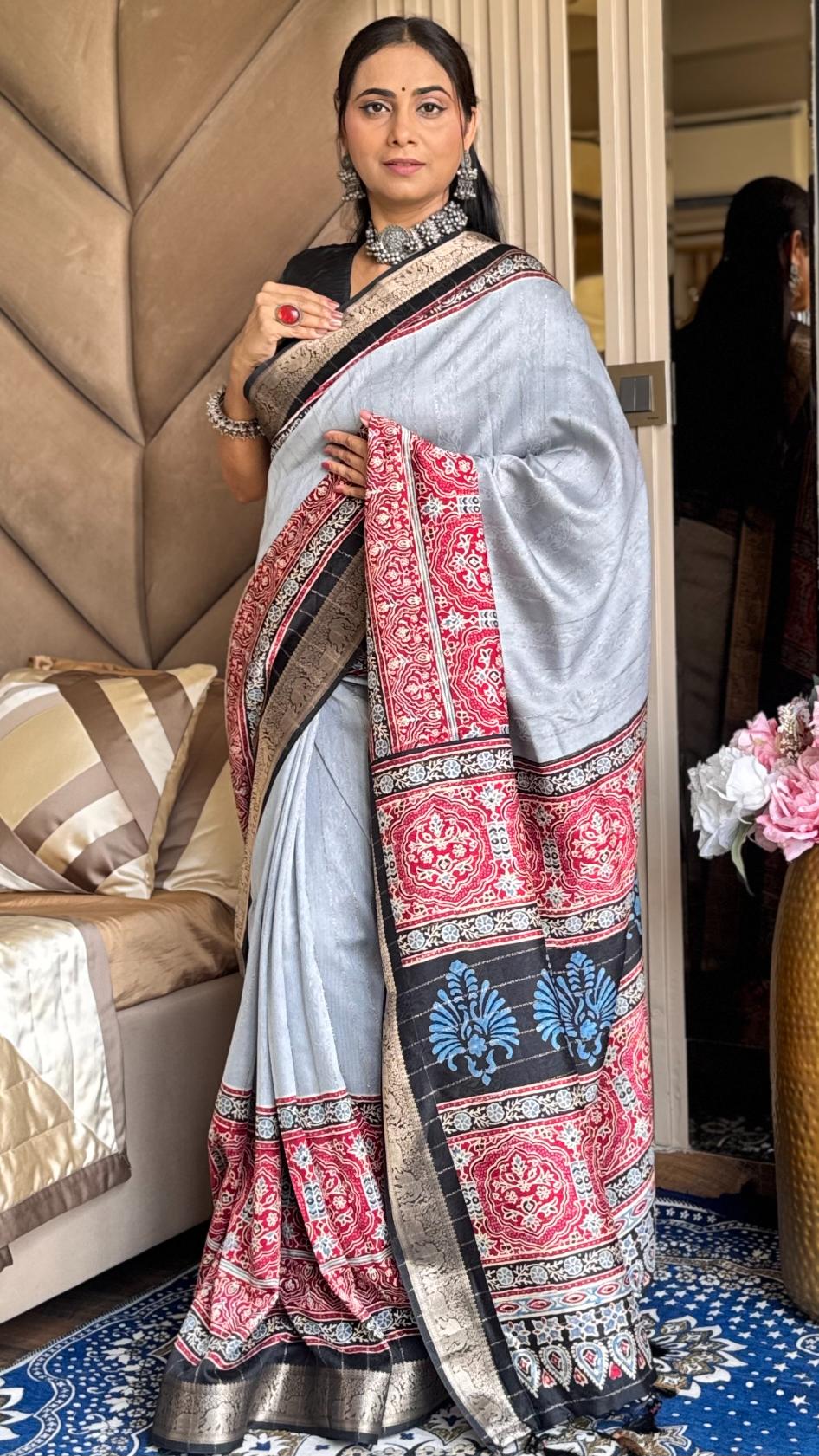 Majestic Gray And Black Ajrakh Kashmiri Modal silk Saree