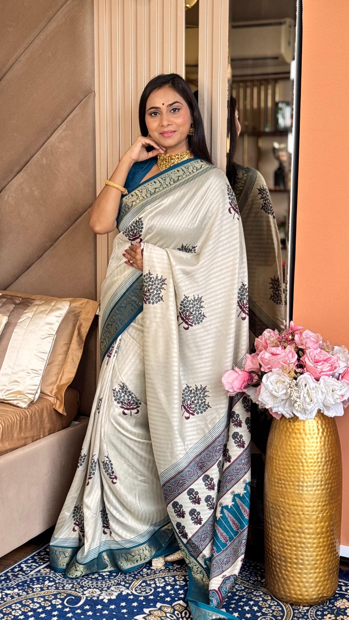 Outstanding Rama And Cream Ajrakh Kashmiri Modal silk Buta Leriya Saree