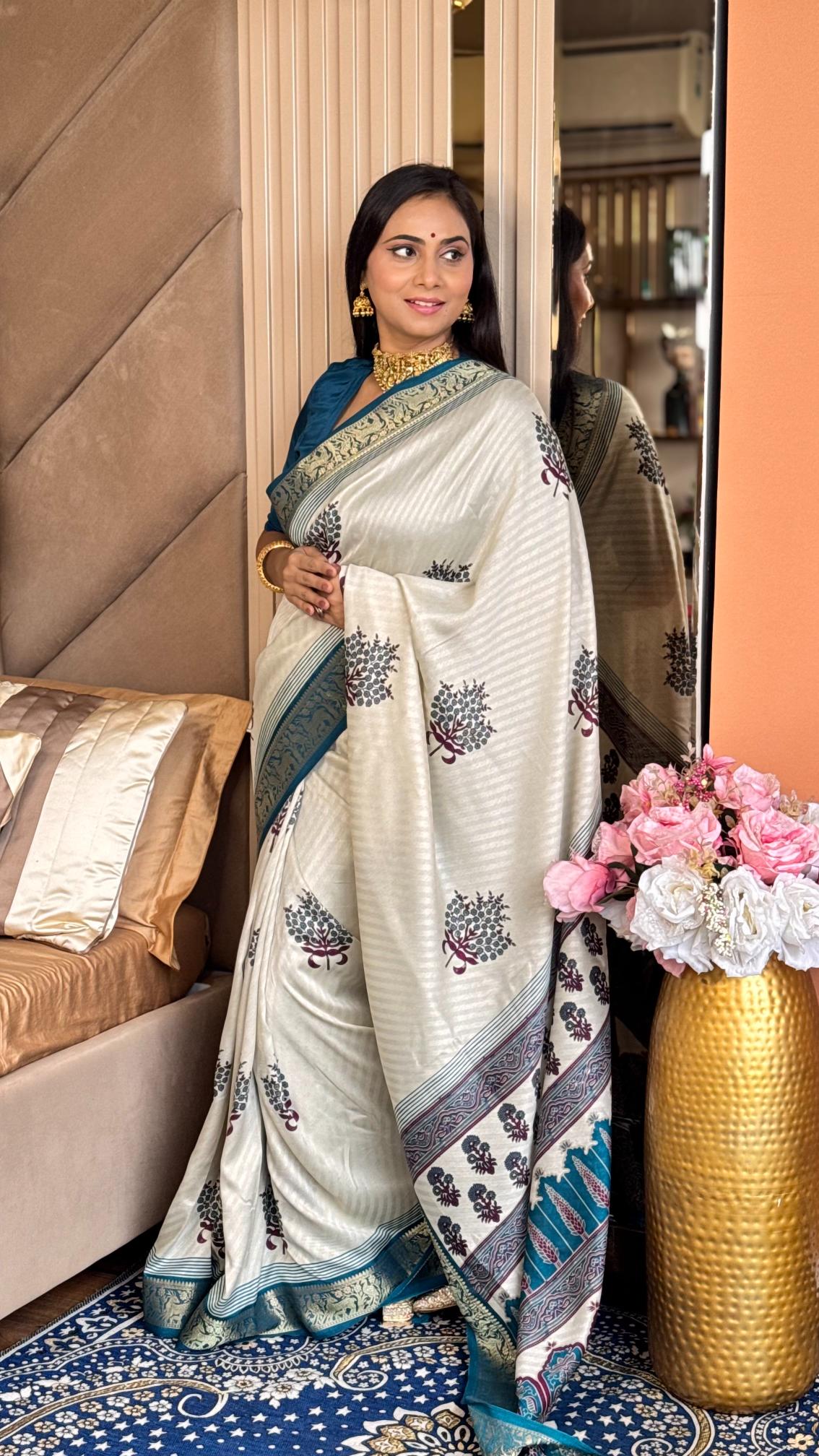 Outstanding Rama And Cream Ajrakh Kashmiri Modal silk Buta Leriya Saree