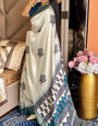 Outstanding Rama And Cream Ajrakh Kashmiri Modal silk Buta Leriya Saree