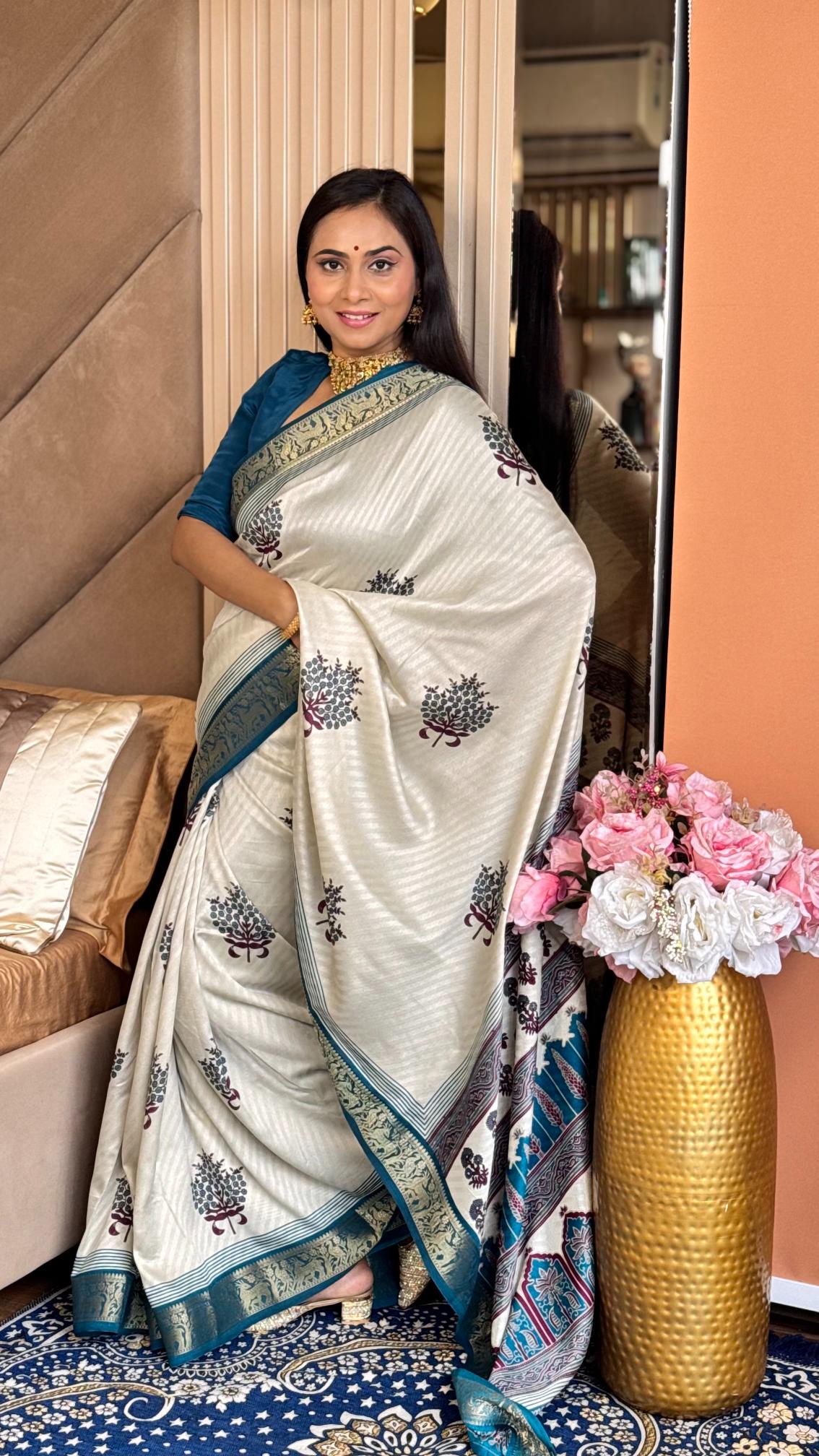 Outstanding Rama And Cream Ajrakh Kashmiri Modal silk Buta Leriya Saree
