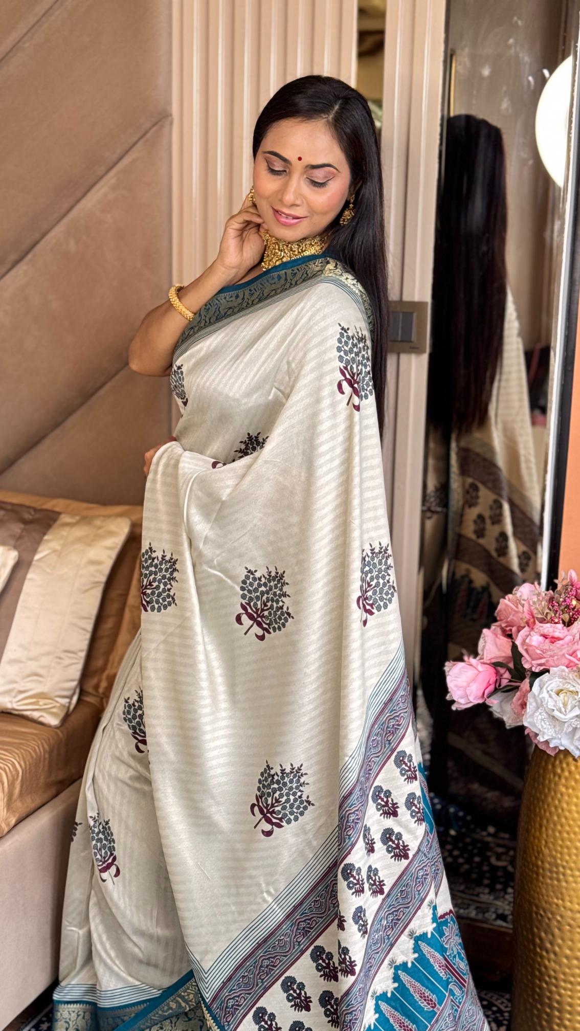Outstanding Rama And Cream Ajrakh Kashmiri Modal silk Buta Leriya Saree