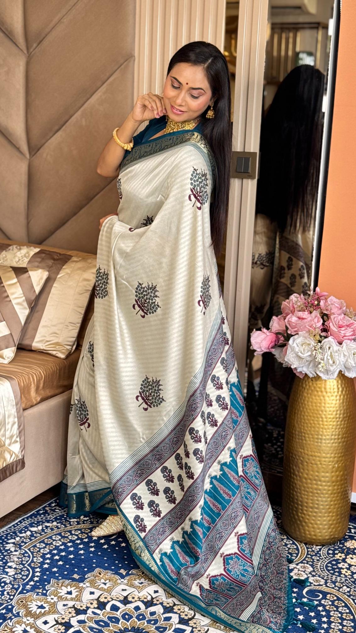 Outstanding Rama And Cream Ajrakh Kashmiri Modal silk Buta Leriya Saree