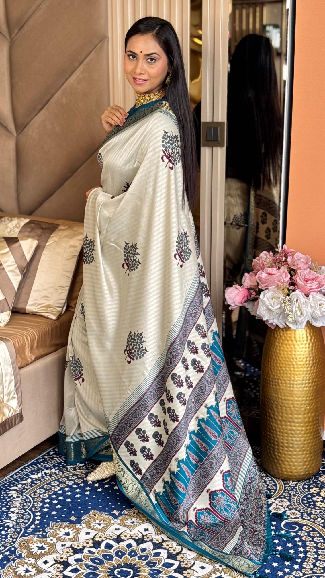 Outstanding Rama And Cream Ajrakh Kashmiri Modal silk Buta Leriya Saree