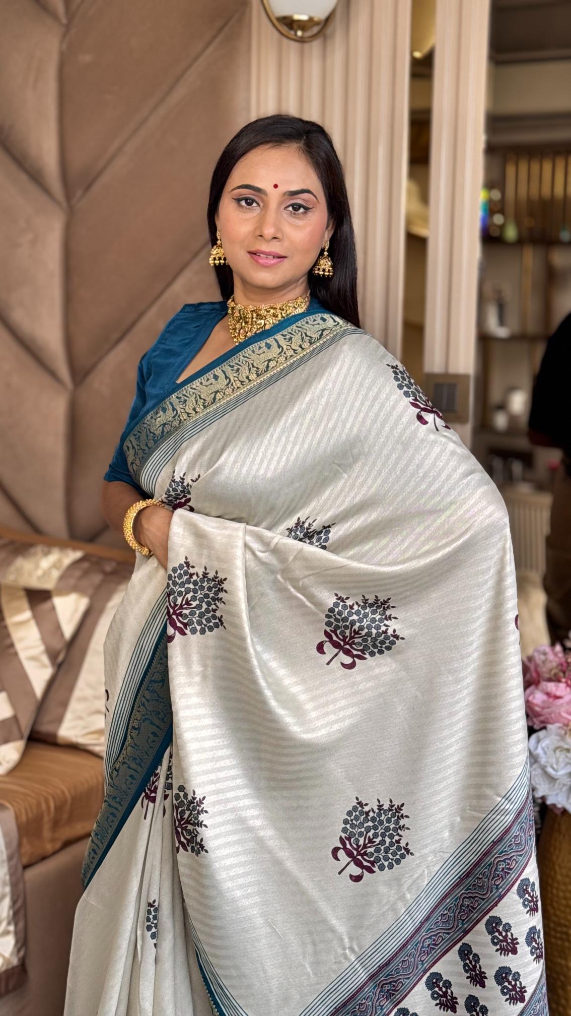 Outstanding Rama And Cream Ajrakh Kashmiri Modal silk Buta Leriya Saree