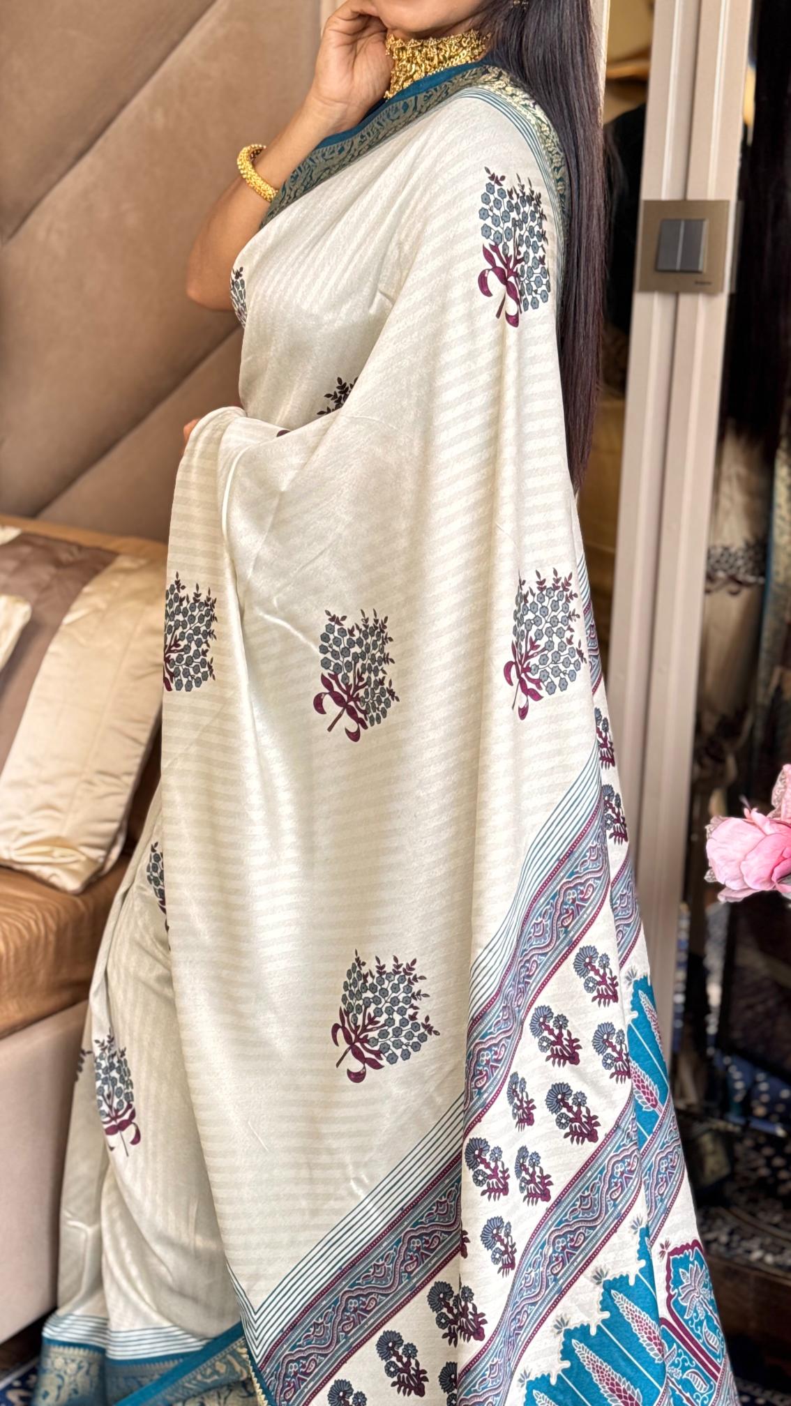 Outstanding Rama And Cream Ajrakh Kashmiri Modal silk Buta Leriya Saree