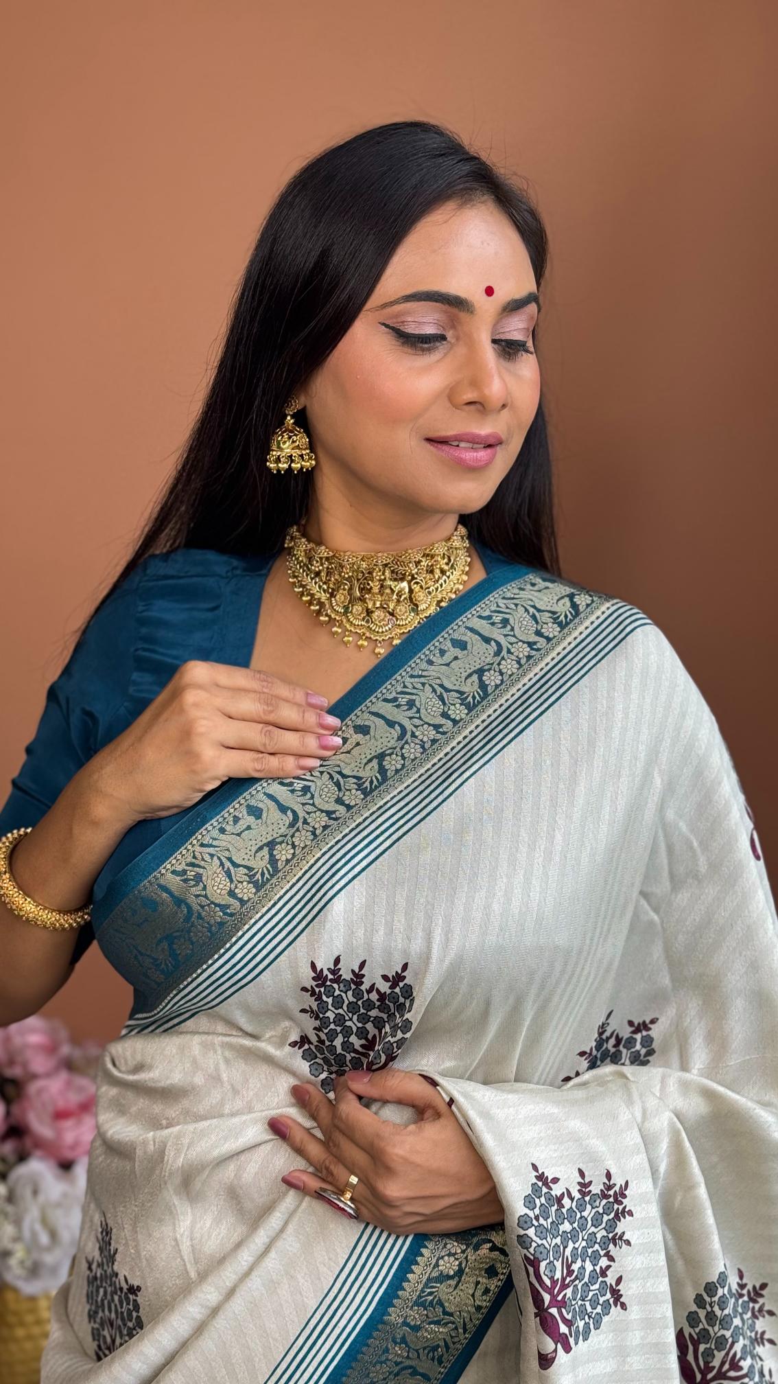 Outstanding Rama And Cream Ajrakh Kashmiri Modal silk Buta Leriya Saree