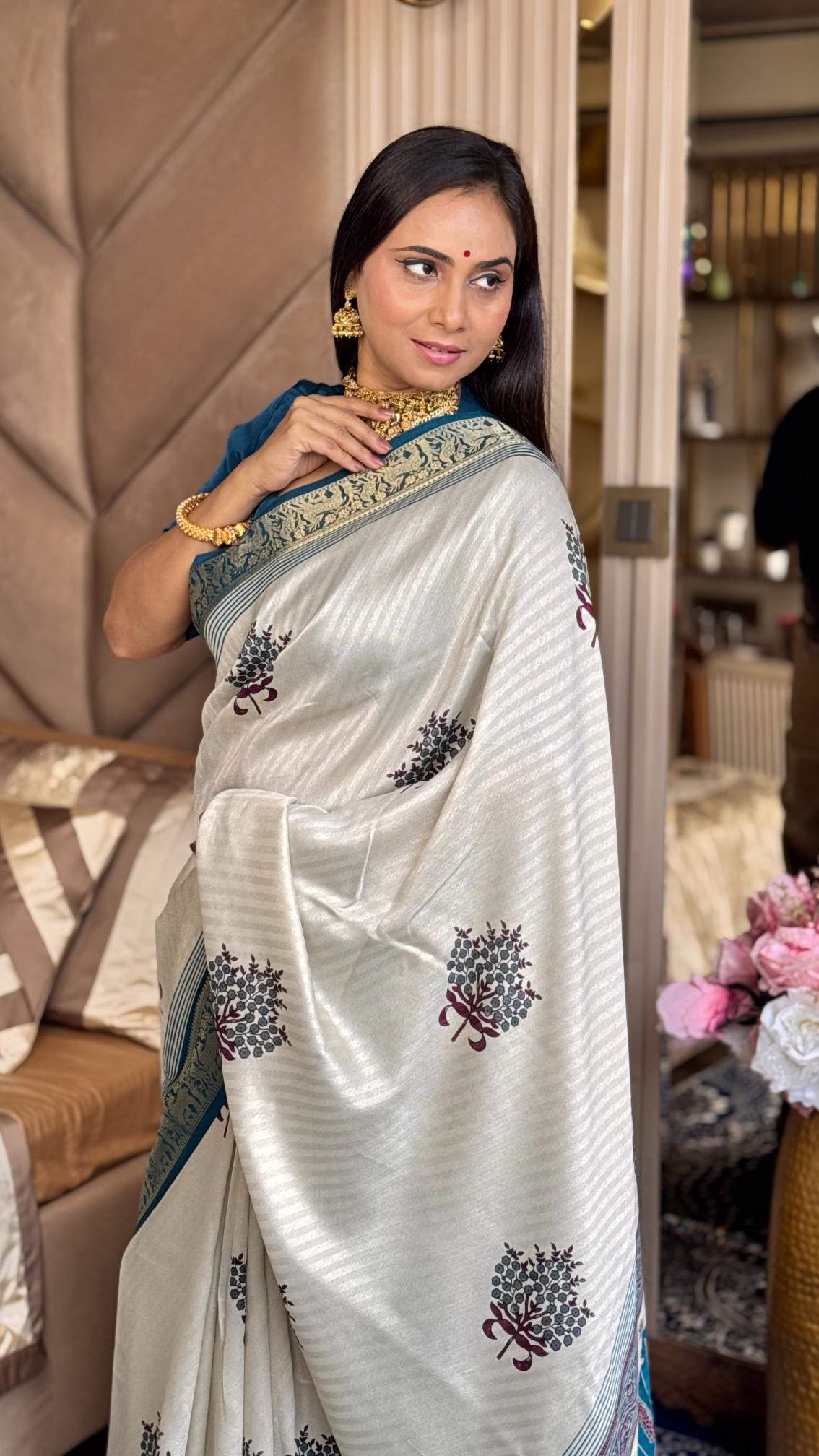 Outstanding Rama And Cream Ajrakh Kashmiri Modal silk Buta Leriya Saree
