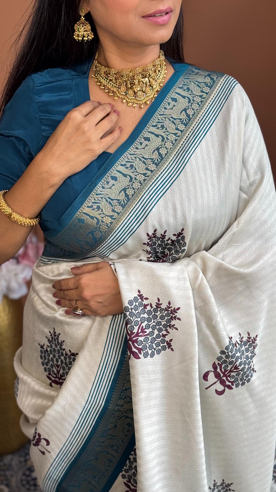 Outstanding Rama And Cream Ajrakh Kashmiri Modal silk Buta Leriya Saree