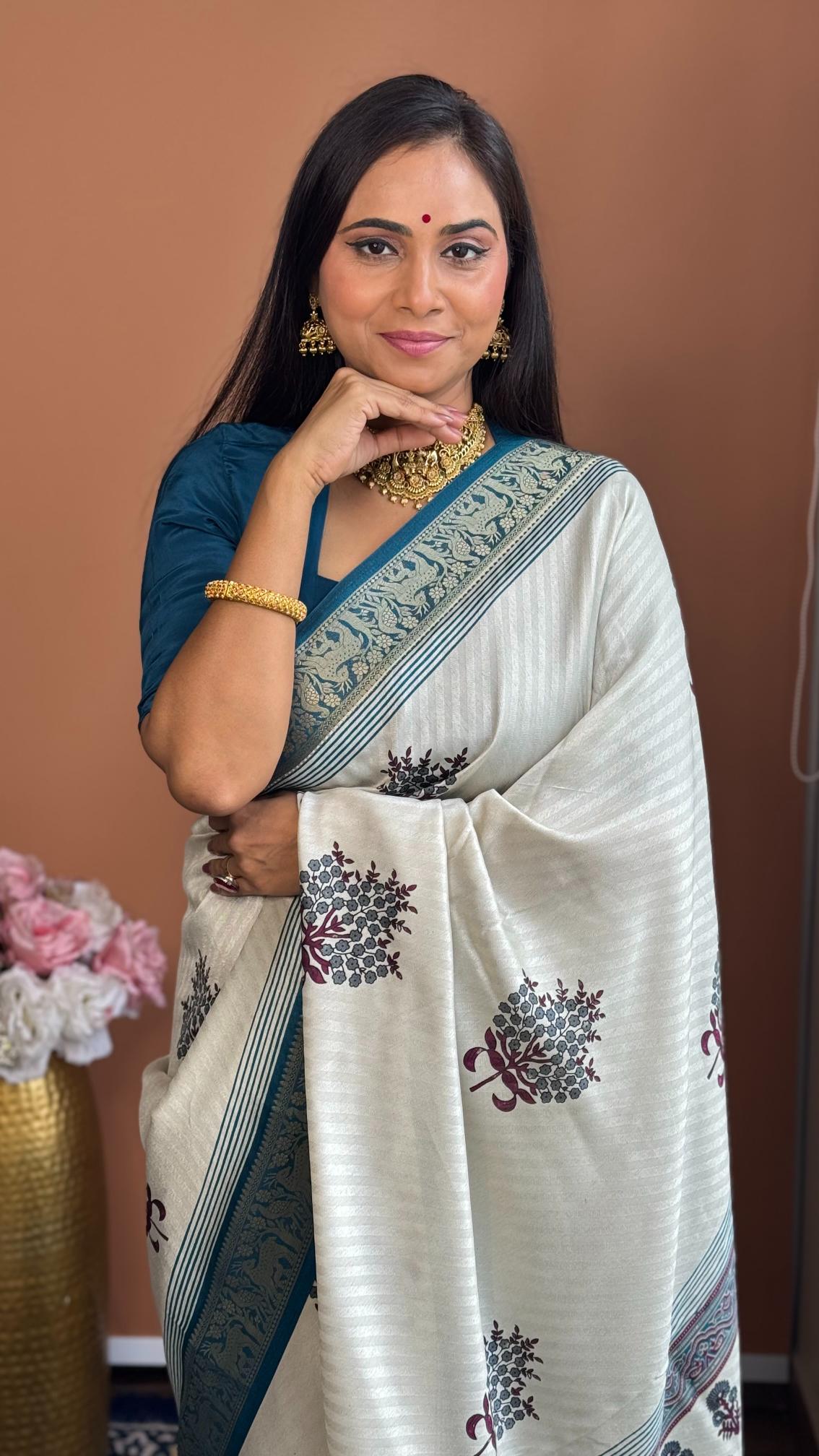 Outstanding Rama And Cream Ajrakh Kashmiri Modal silk Buta Leriya Saree