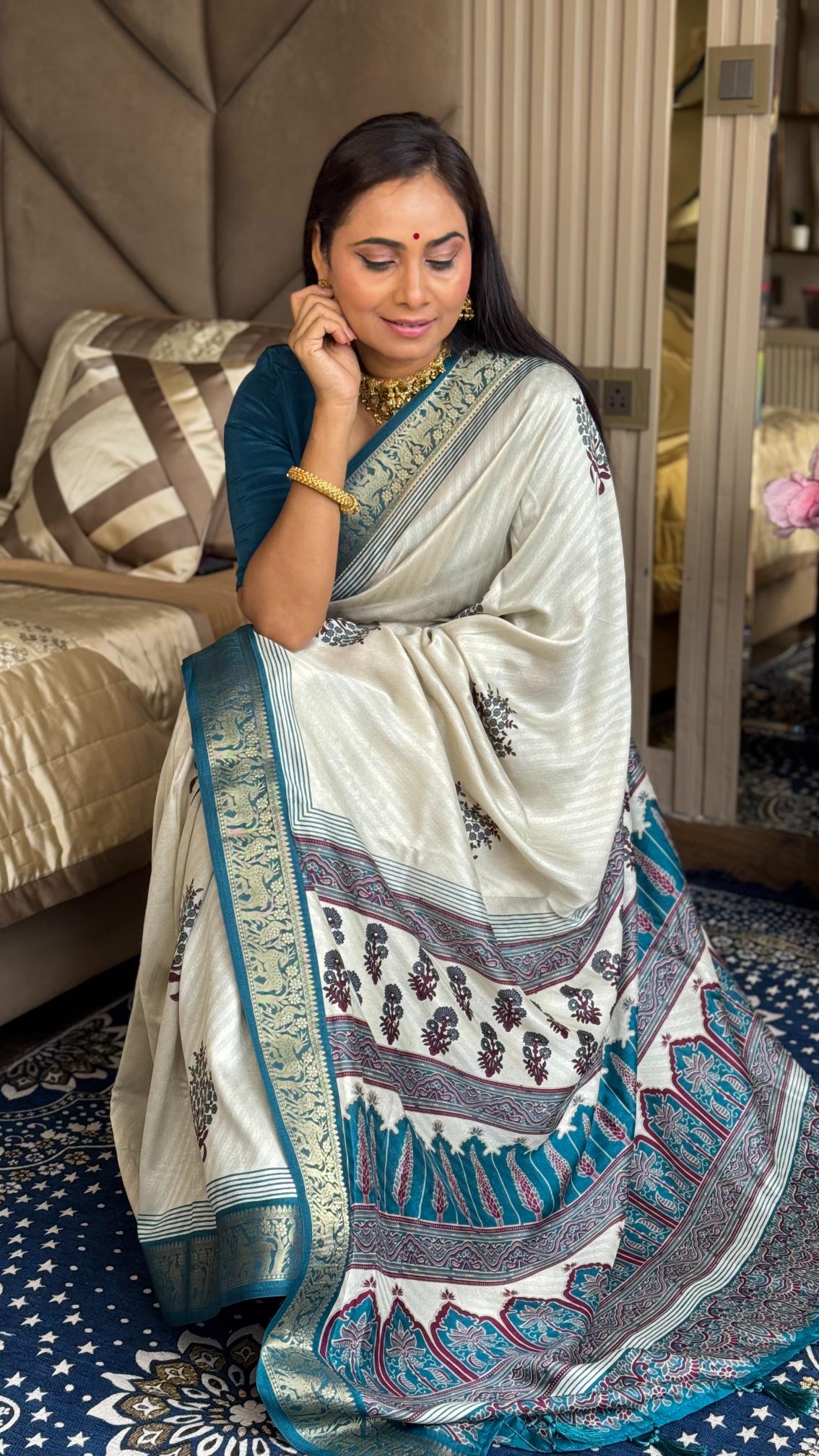 Outstanding Rama And Cream Ajrakh Kashmiri Modal silk Buta Leriya Saree