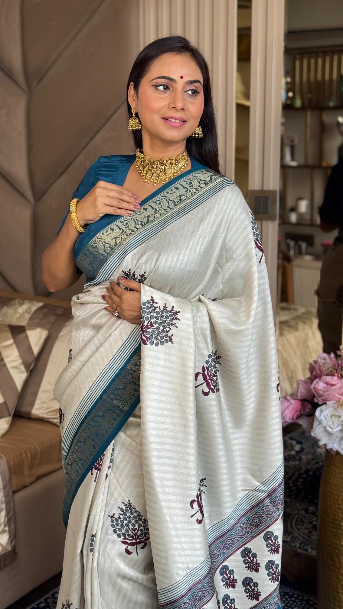 Outstanding Rama And Cream Ajrakh Kashmiri Modal silk Buta Leriya Saree