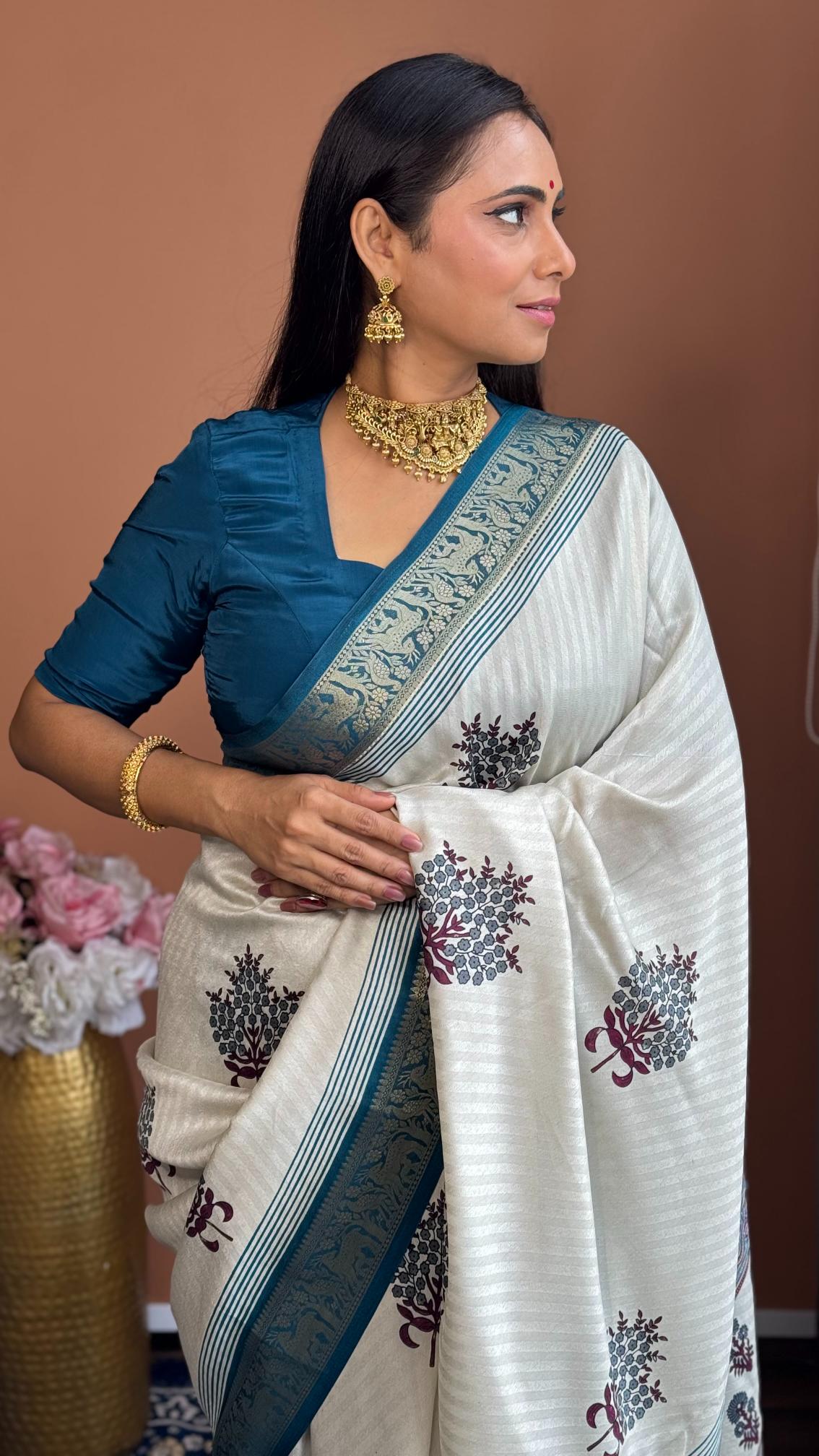 Outstanding Rama And Cream Ajrakh Kashmiri Modal silk Buta Leriya Saree