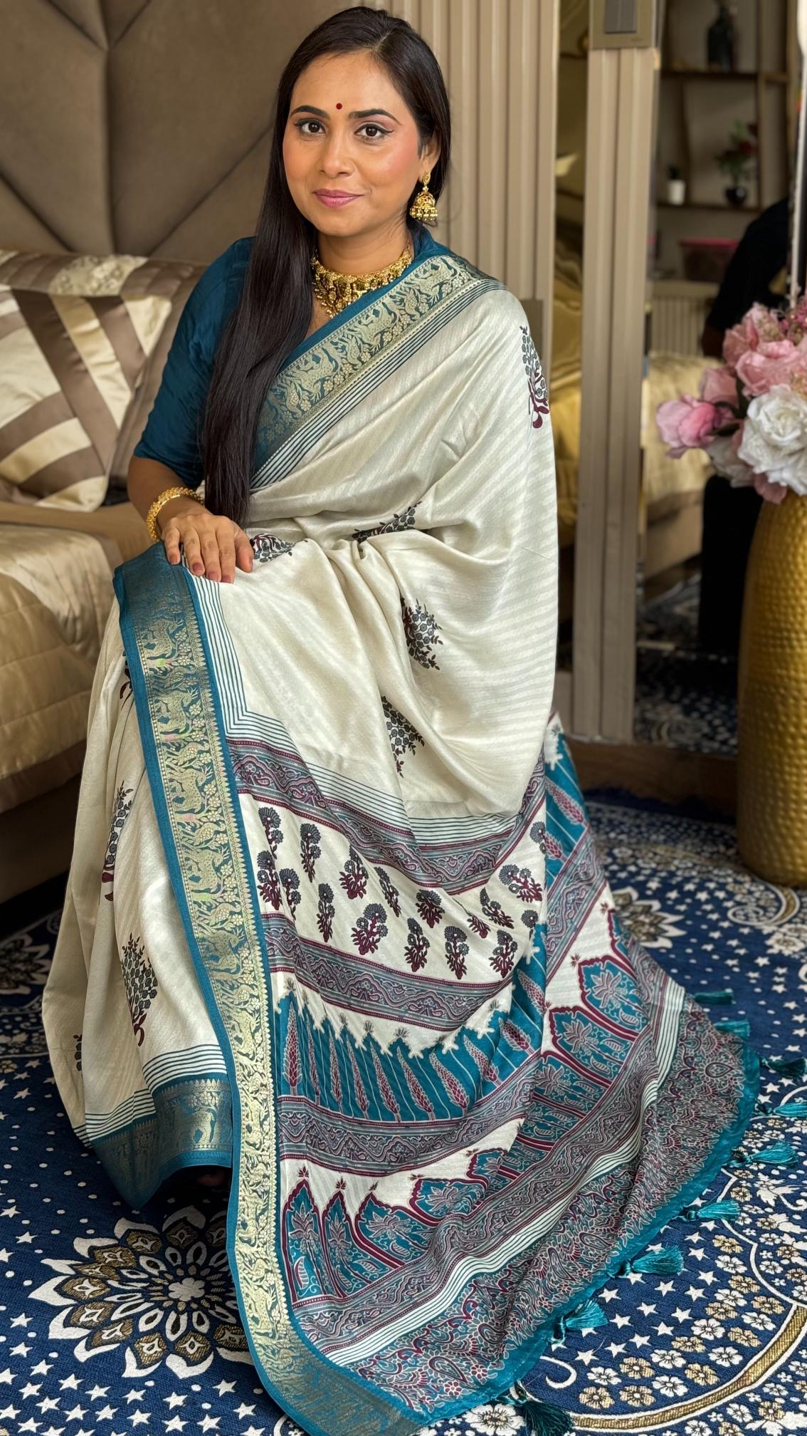 Outstanding Rama And Cream Ajrakh Kashmiri Modal silk Buta Leriya Saree