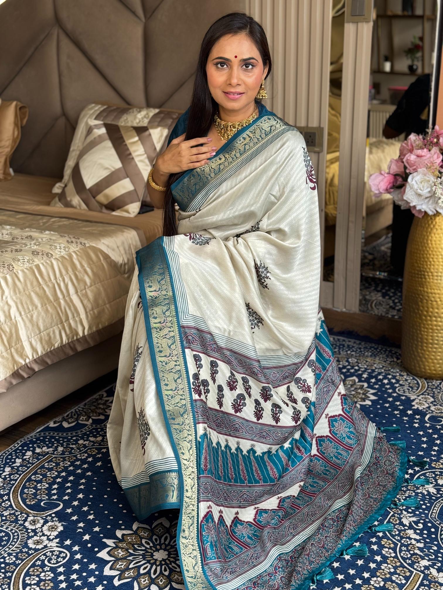 Outstanding Rama And Cream Ajrakh Kashmiri Modal silk Buta Leriya Saree