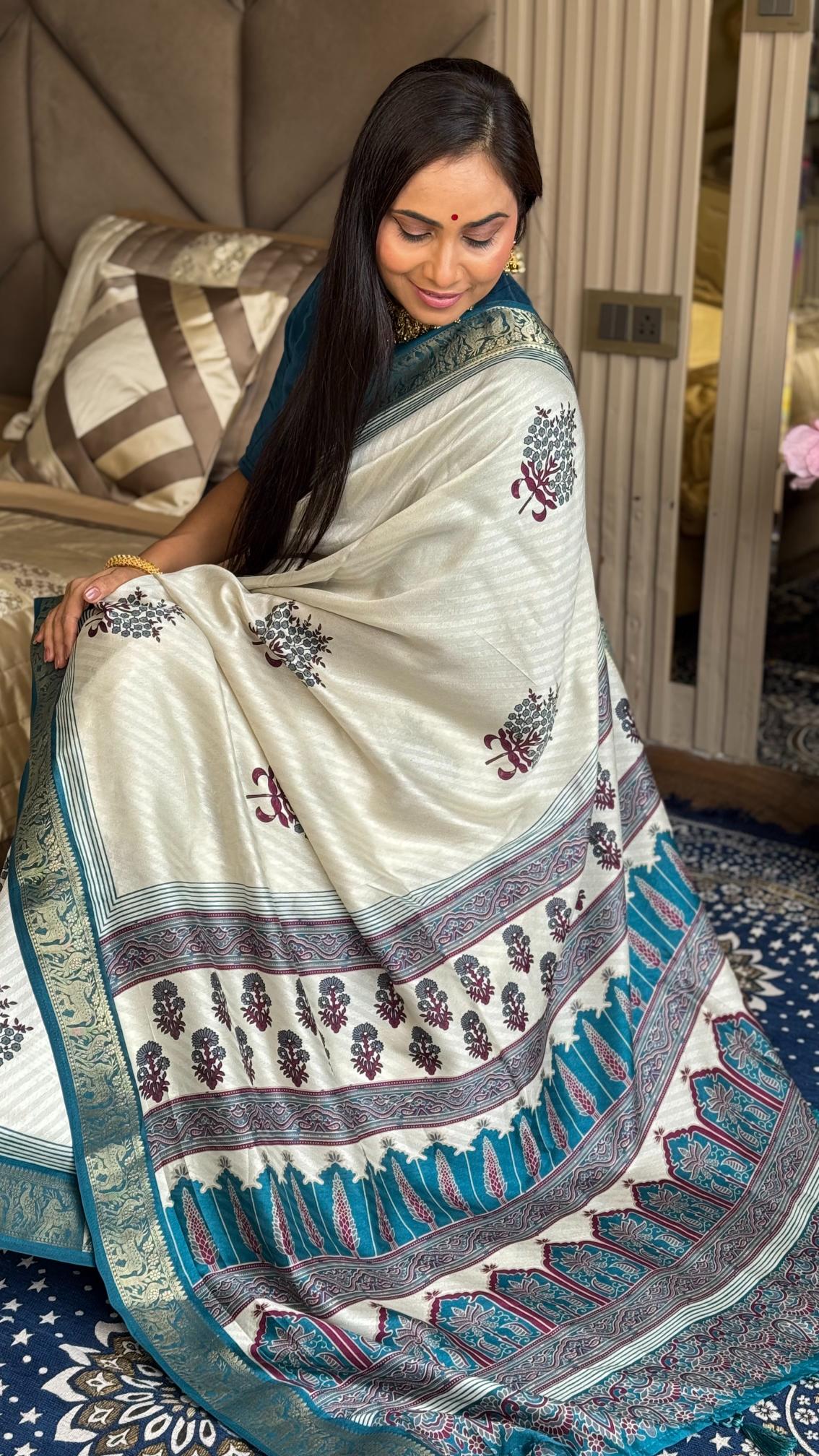Outstanding Rama And Cream Ajrakh Kashmiri Modal silk Buta Leriya Saree