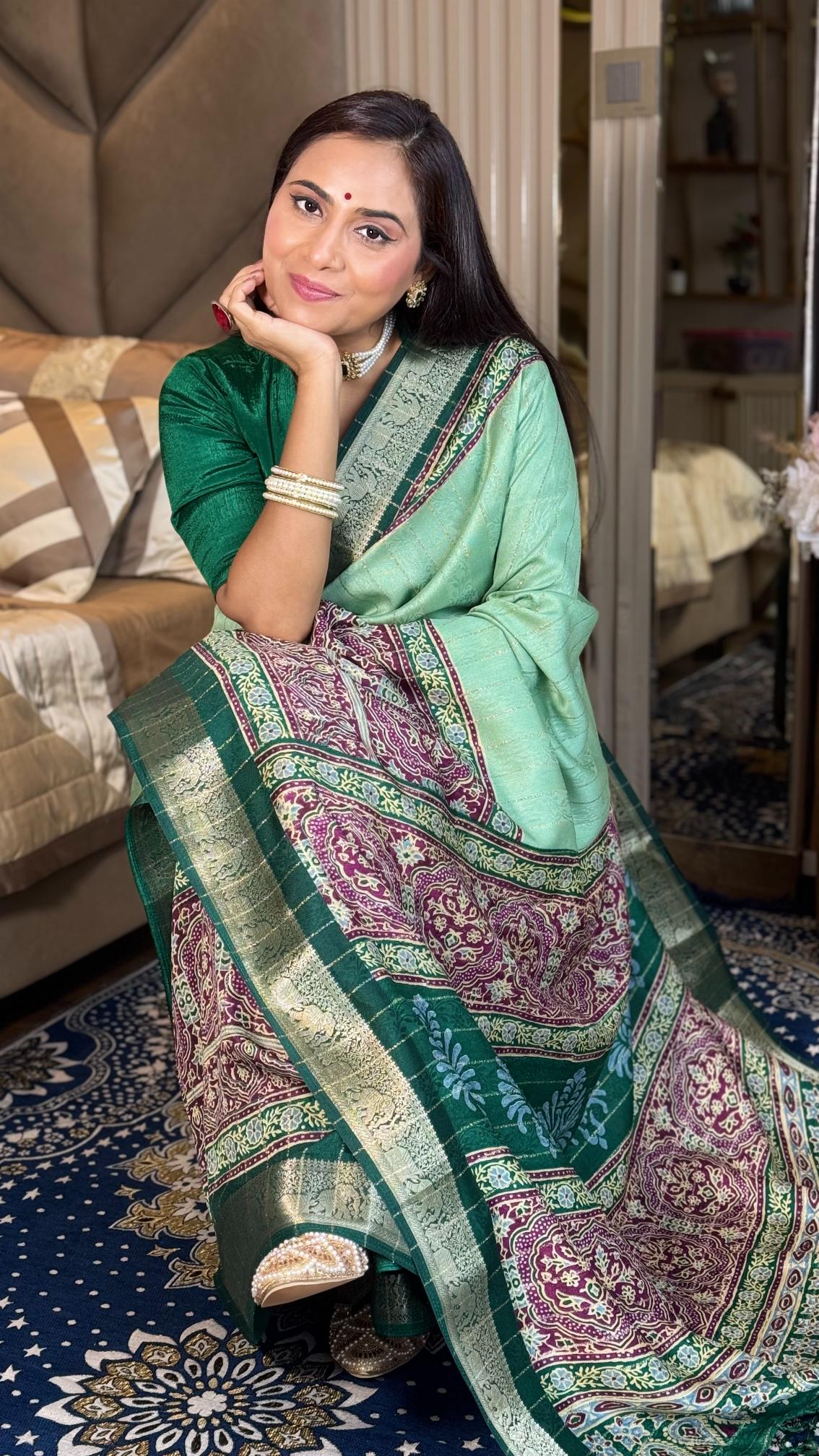 Glamorous Pista Green Ajrakh Kashmiri Modal silk Saree