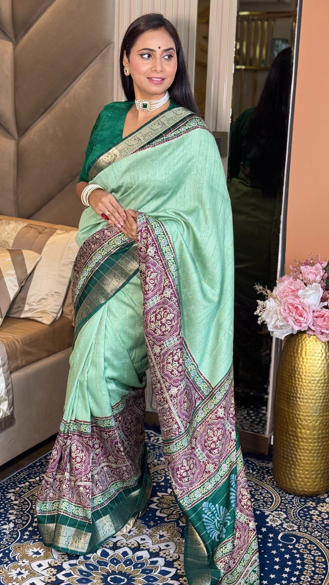 Glamorous Pista Green Ajrakh Kashmiri Modal silk Saree