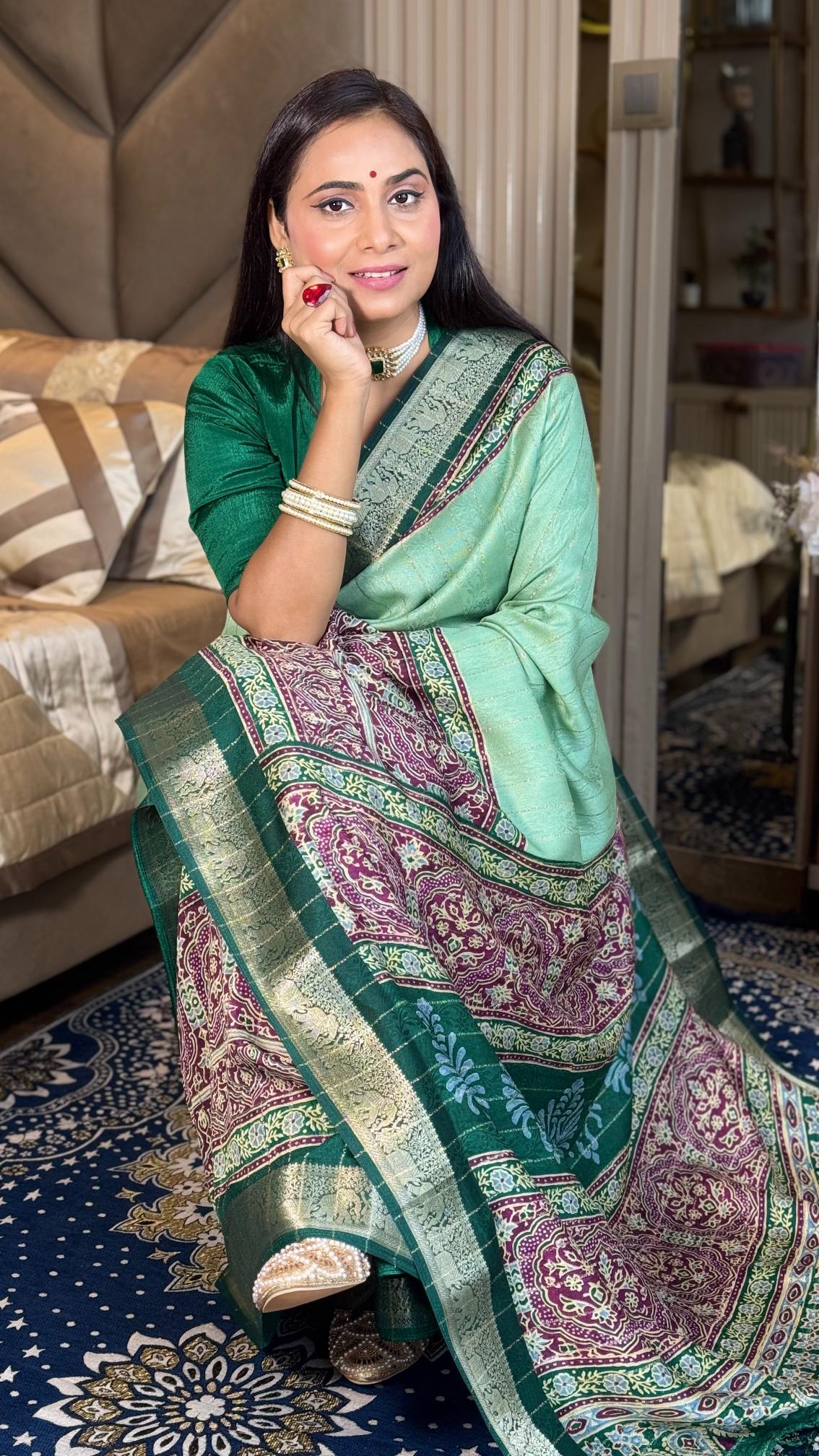 Glamorous Pista Green Ajrakh Kashmiri Modal silk Saree