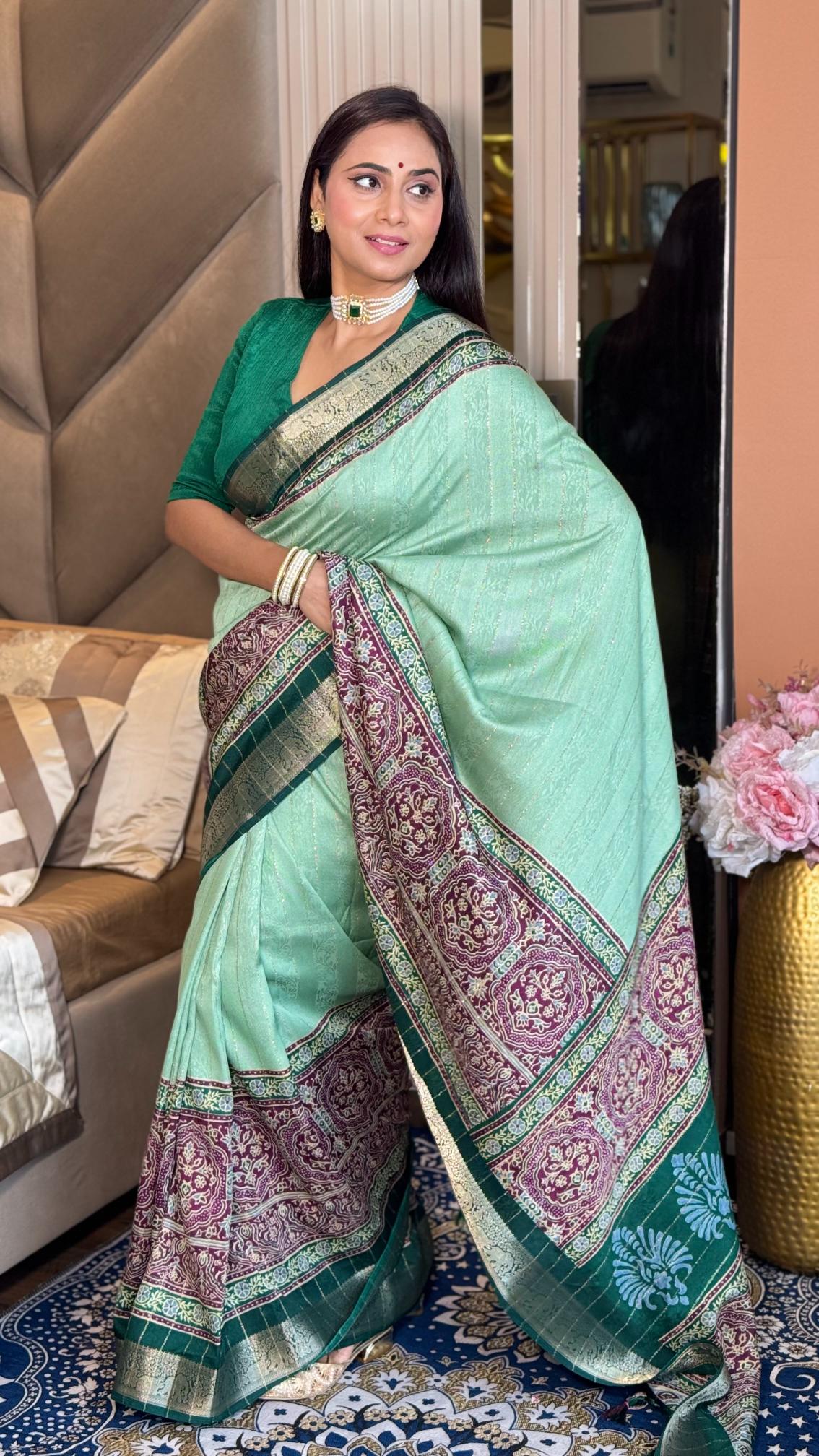 Glamorous Pista Green Ajrakh Kashmiri Modal silk Saree