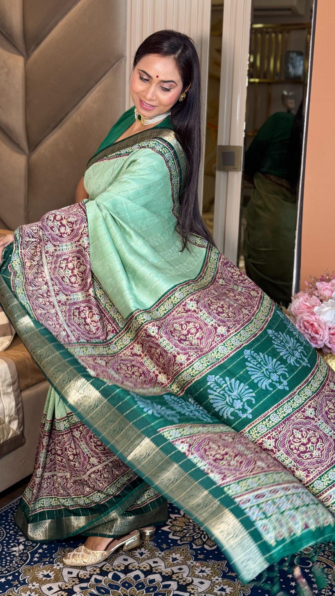 Glamorous Pista Green Ajrakh Kashmiri Modal silk Saree