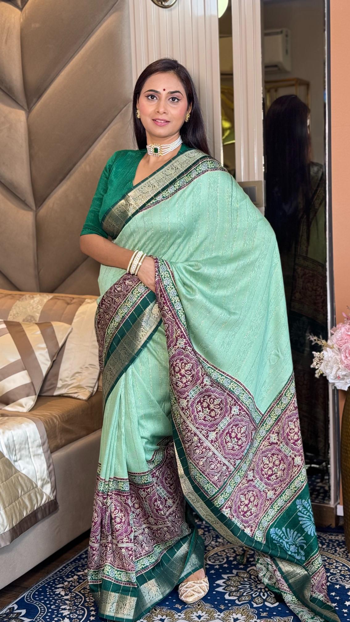 Glamorous Pista Green Ajrakh Kashmiri Modal silk Saree