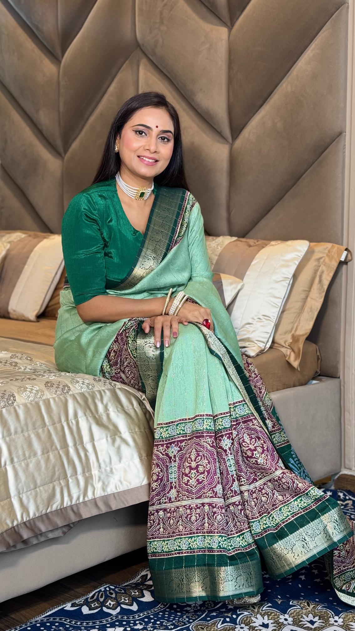 Glamorous Pista Green Ajrakh Kashmiri Modal silk Saree
