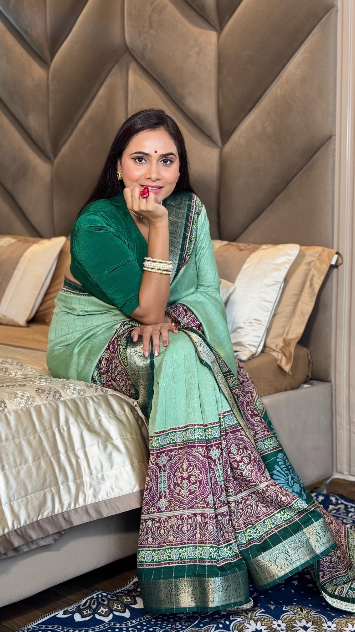 Glamorous Pista Green Ajrakh Kashmiri Modal silk Saree