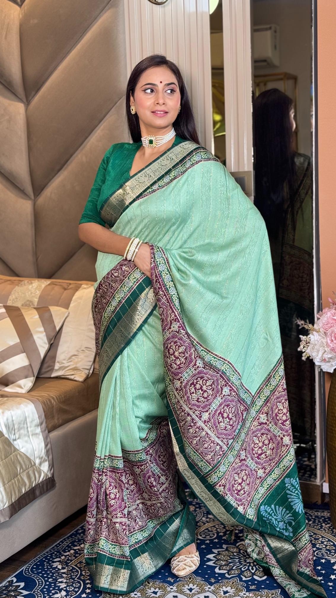 Glamorous Pista Green Ajrakh Kashmiri Modal silk Saree