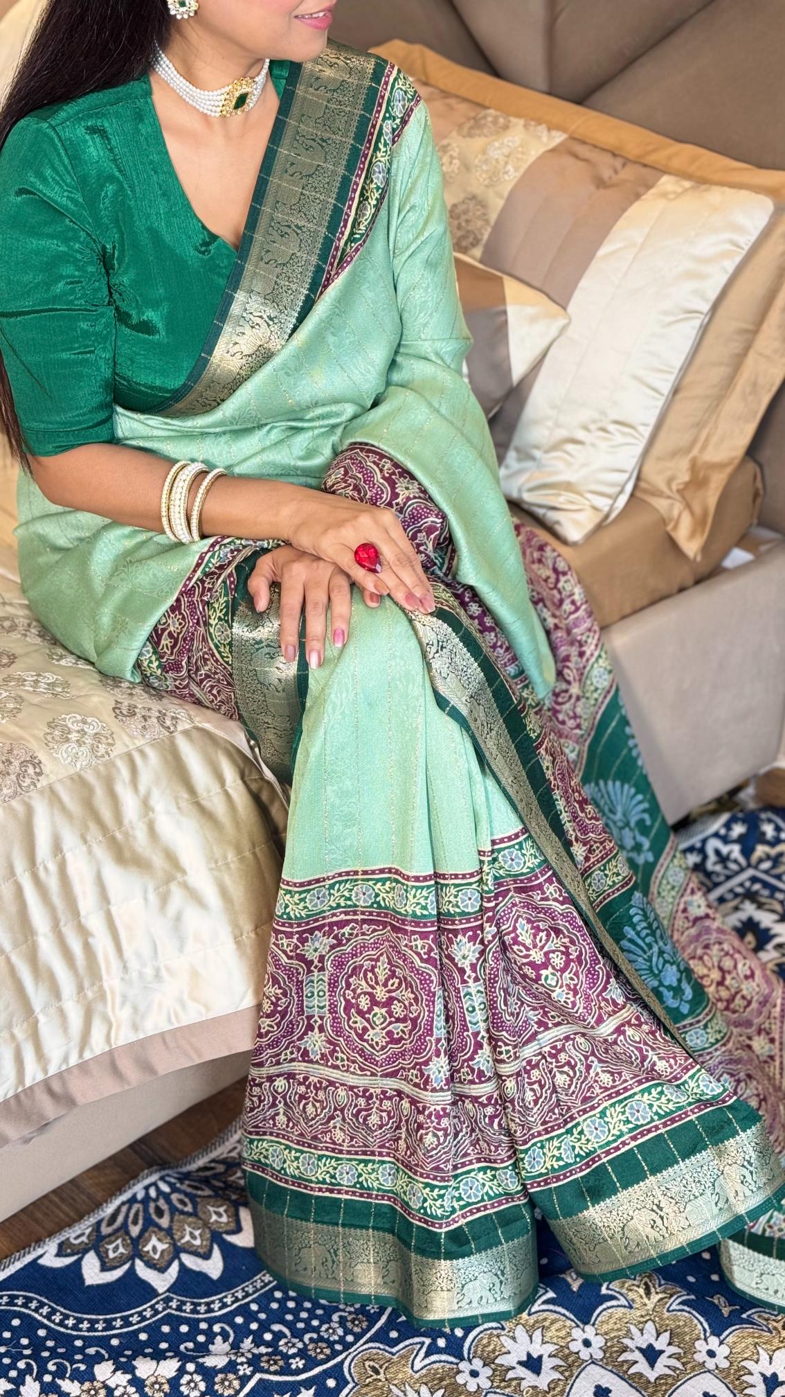 Glamorous Pista Green Ajrakh Kashmiri Modal silk Saree