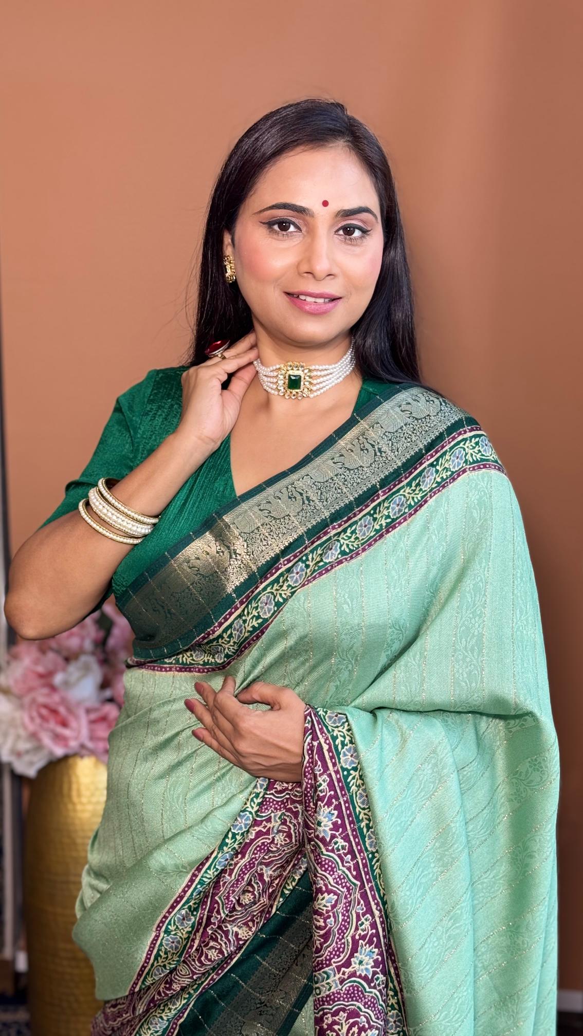 Glamorous Pista Green Ajrakh Kashmiri Modal silk Saree