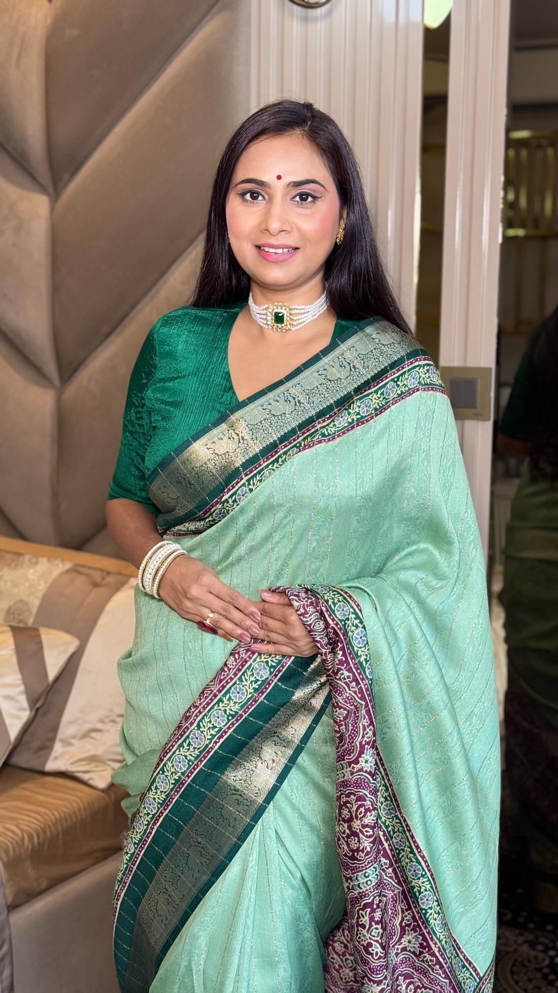 Glamorous Pista Green Ajrakh Kashmiri Modal silk Saree