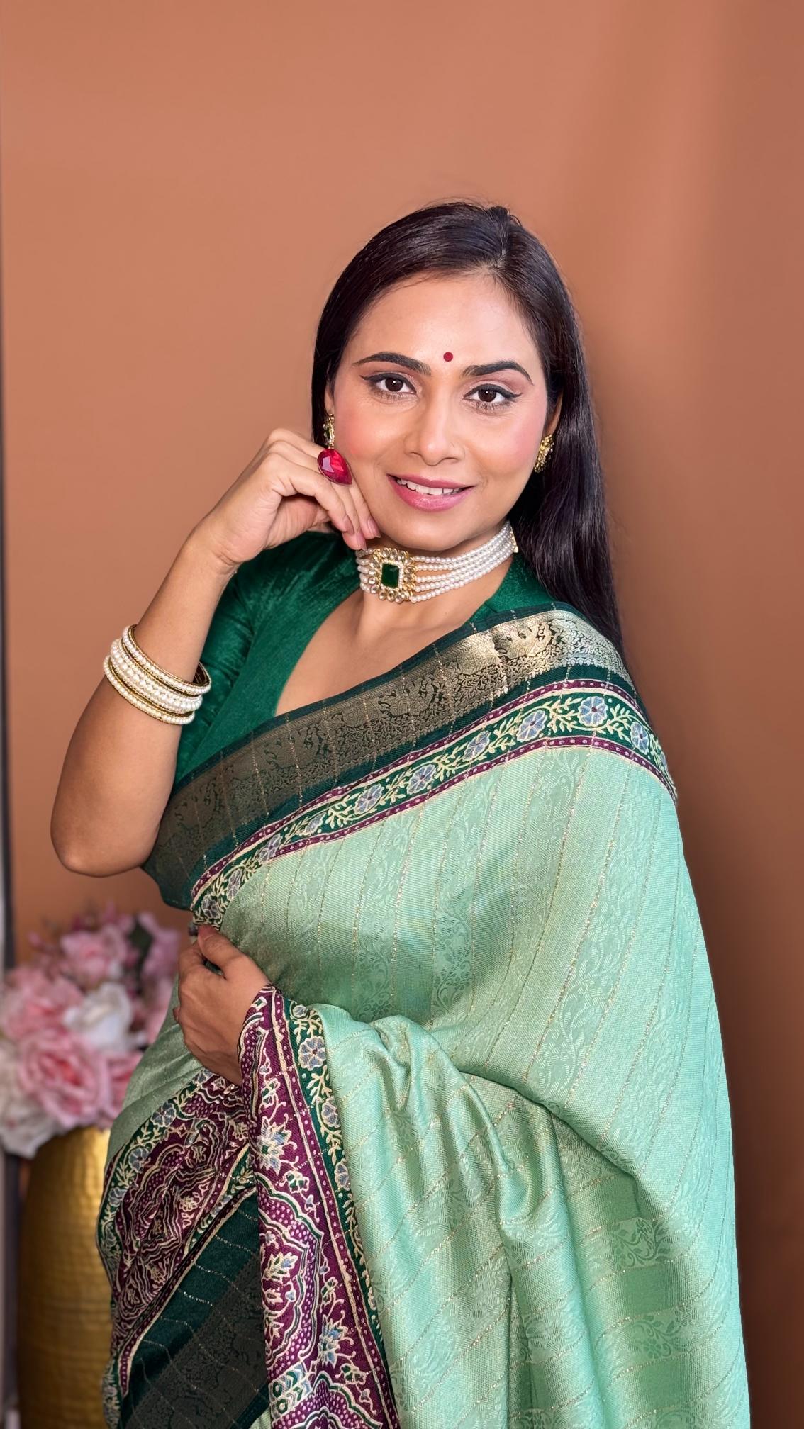 Glamorous Pista Green Ajrakh Kashmiri Modal silk Saree