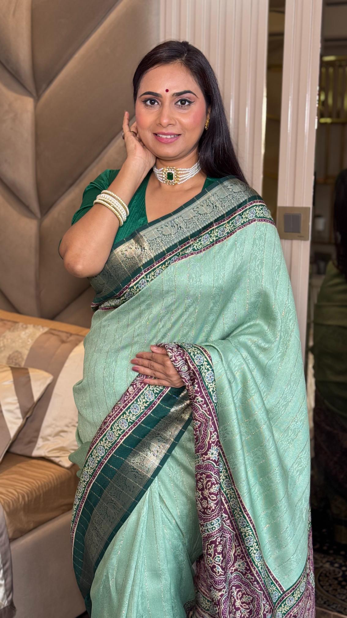 Glamorous Pista Green Ajrakh Kashmiri Modal silk Saree