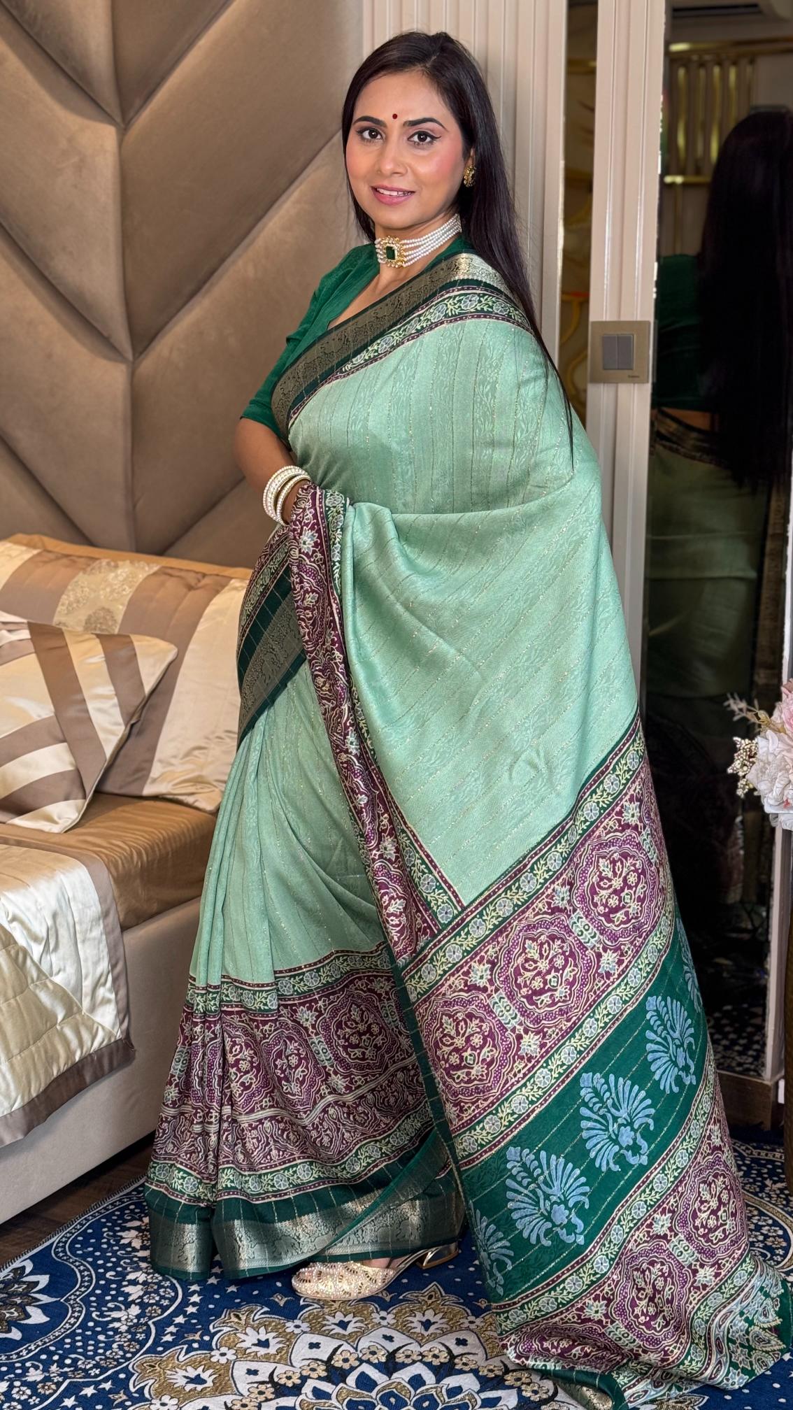 Glamorous Pista Green Ajrakh Kashmiri Modal silk Saree