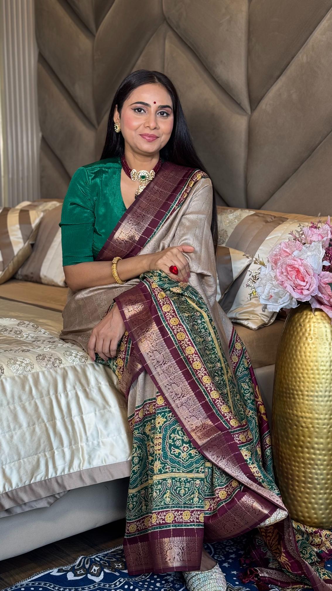 Luxurious Chiku And wine Ajrakh Kashmiri Modal silk Saree