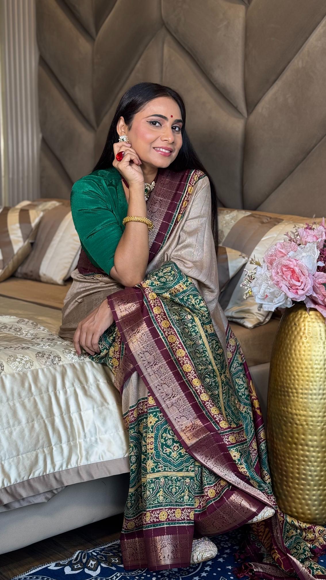 Luxurious Chiku And wine Ajrakh Kashmiri Modal silk Saree