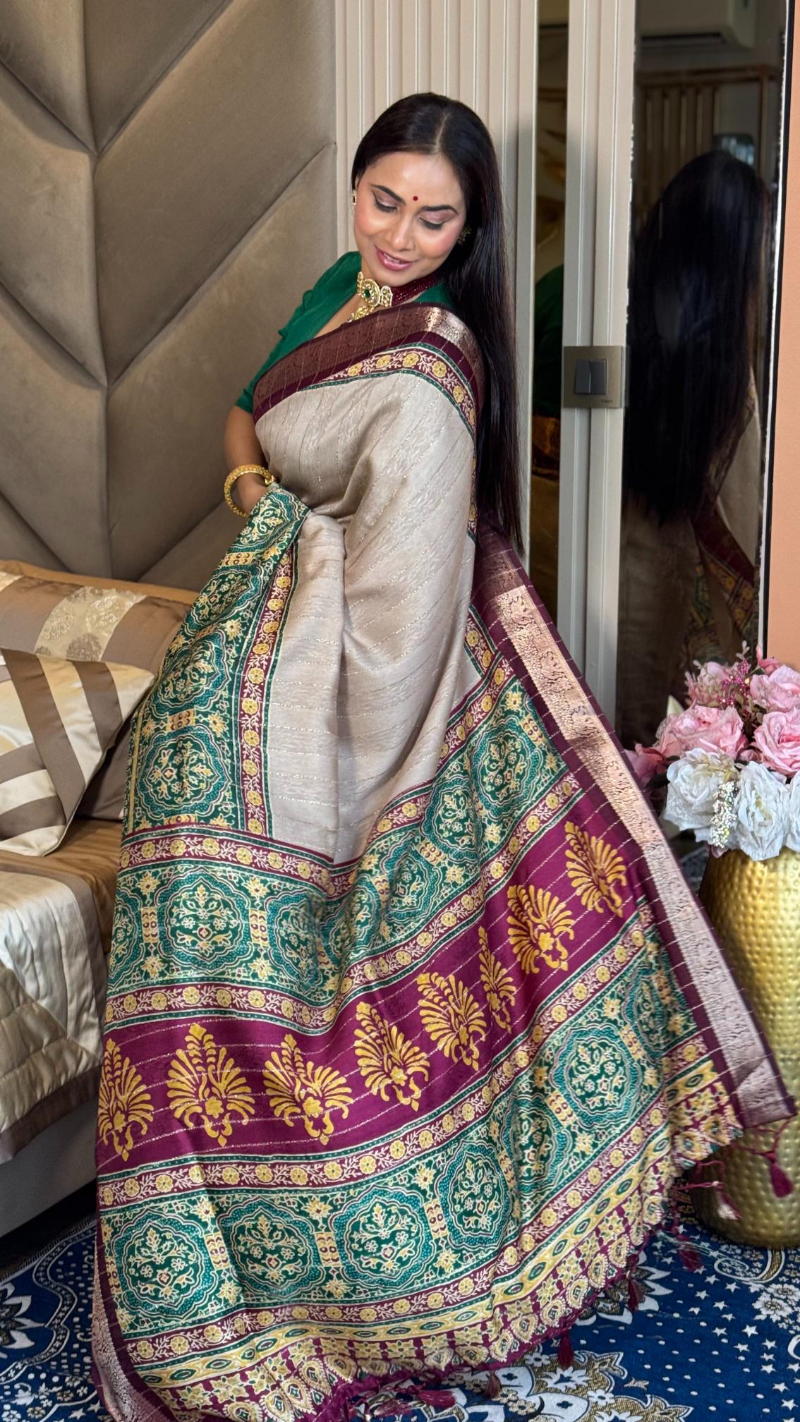 Luxurious Chiku And wine Ajrakh Kashmiri Modal silk Saree