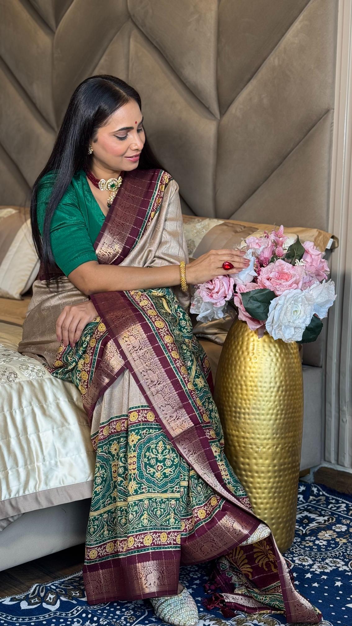 Luxurious Chiku And wine Ajrakh Kashmiri Modal silk Saree