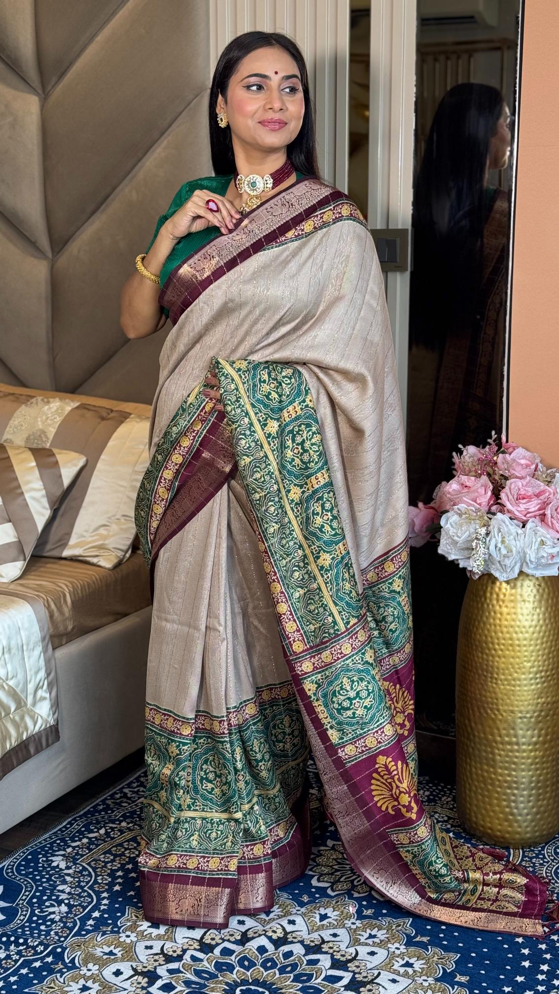 Luxurious Chiku And wine Ajrakh Kashmiri Modal silk Saree