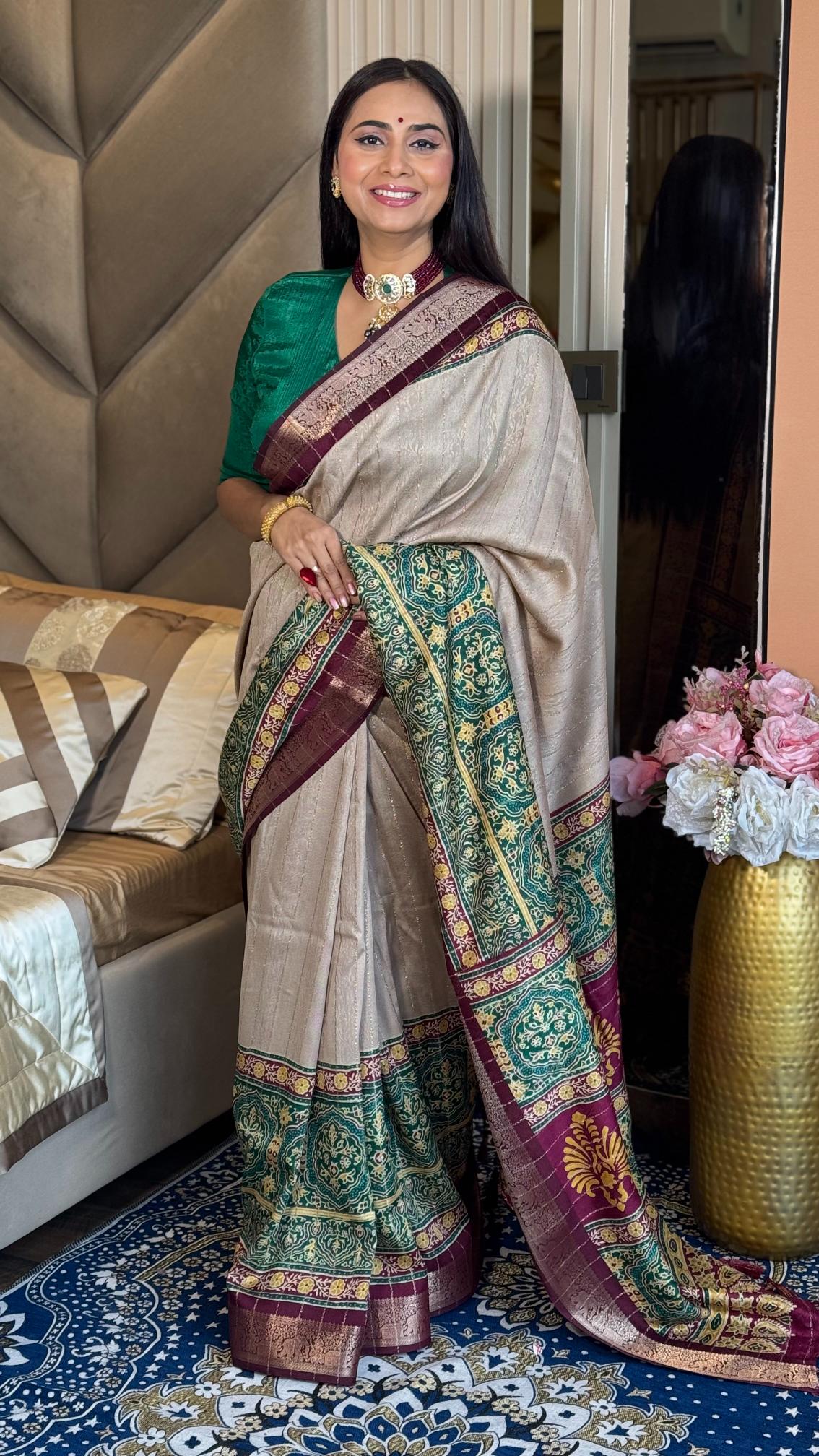 Luxurious Chiku And wine Ajrakh Kashmiri Modal silk Saree