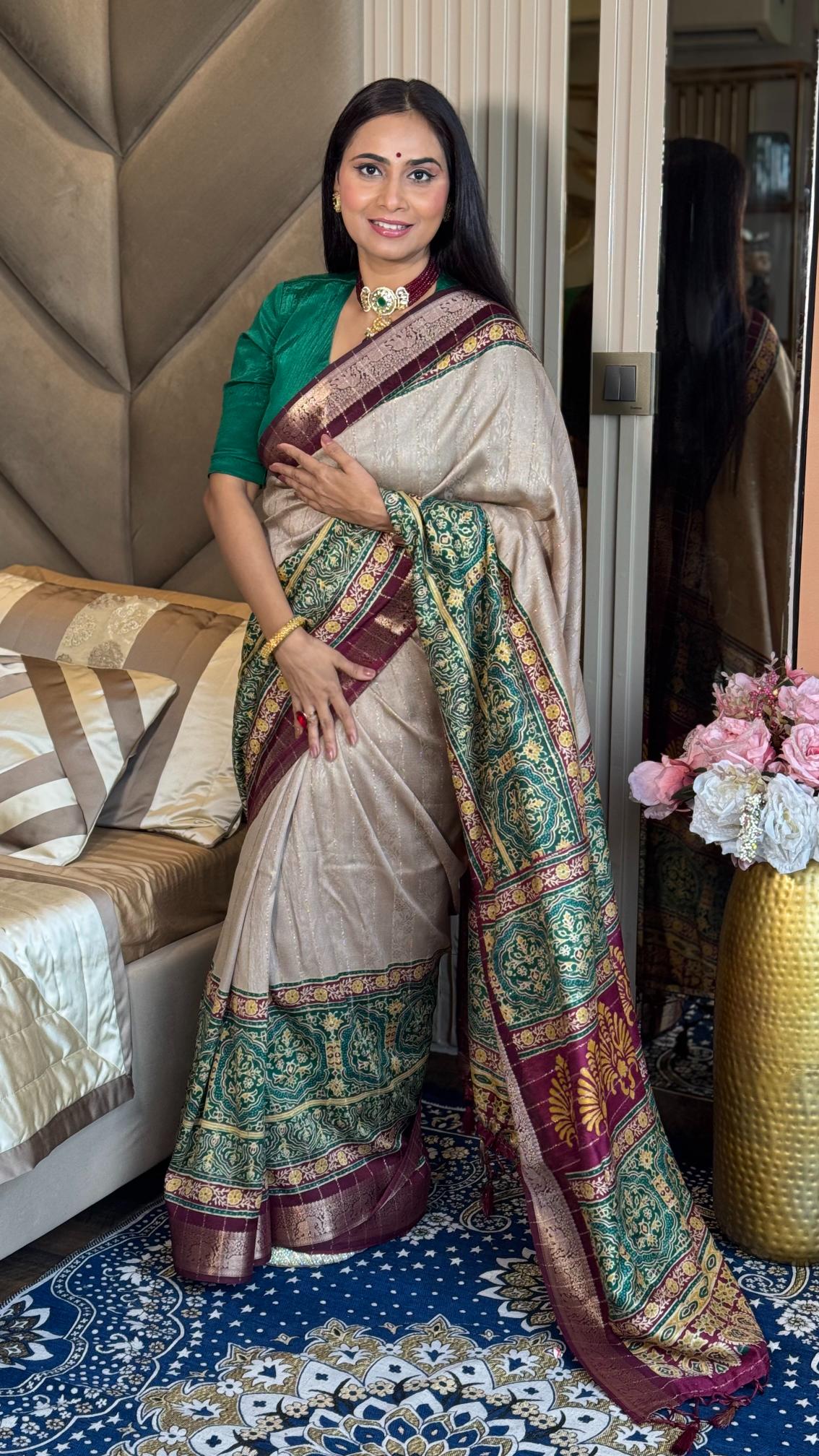 Luxurious Chiku And wine Ajrakh Kashmiri Modal silk Saree