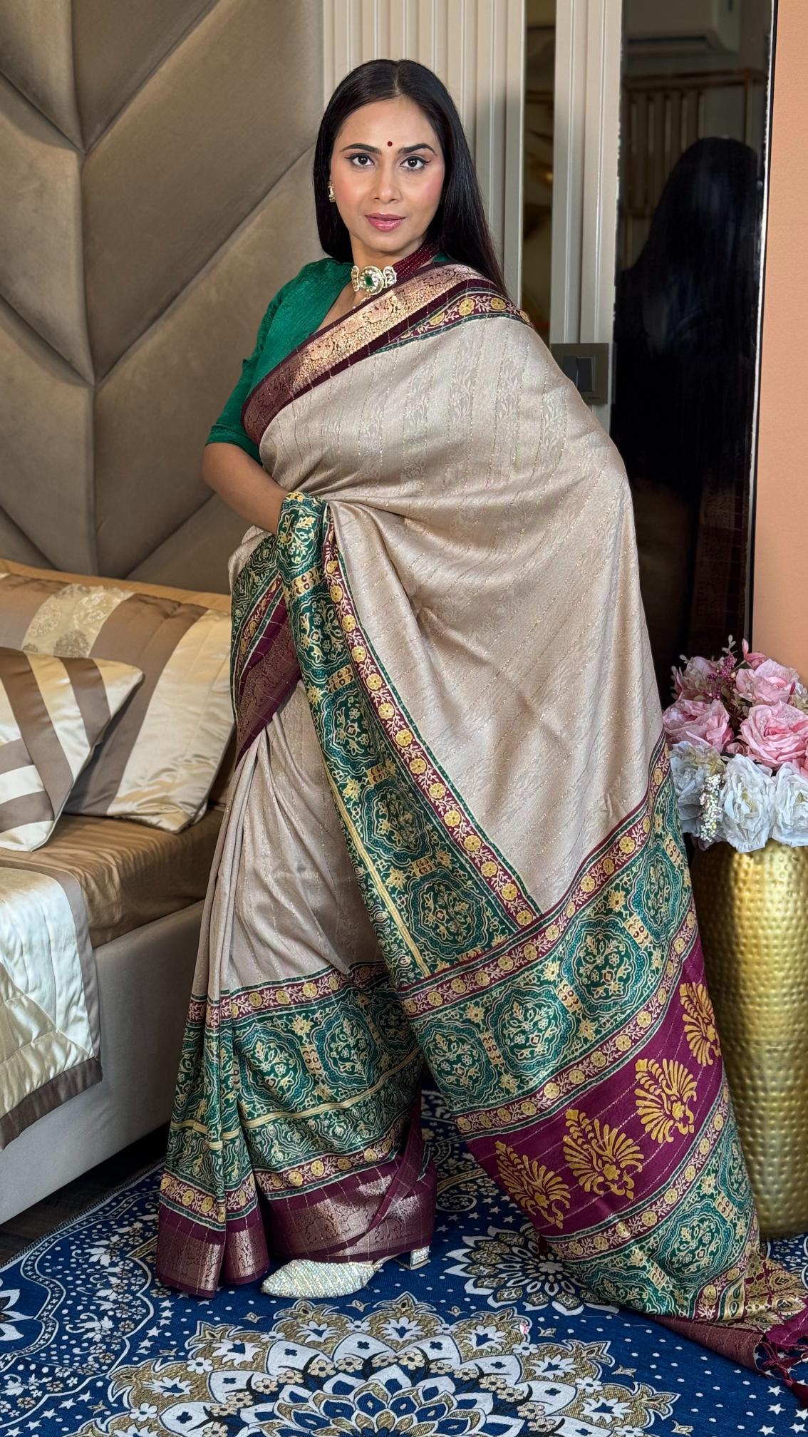 Luxurious Chiku And wine Ajrakh Kashmiri Modal silk Saree