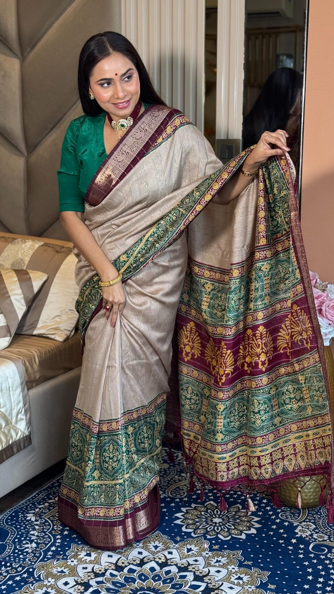 Luxurious Chiku And wine Ajrakh Kashmiri Modal silk Saree