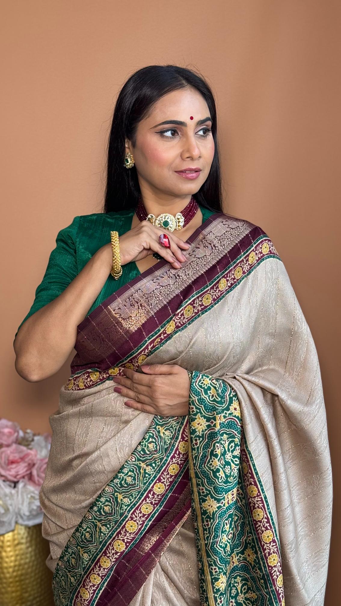Luxurious Chiku And wine Ajrakh Kashmiri Modal silk Saree