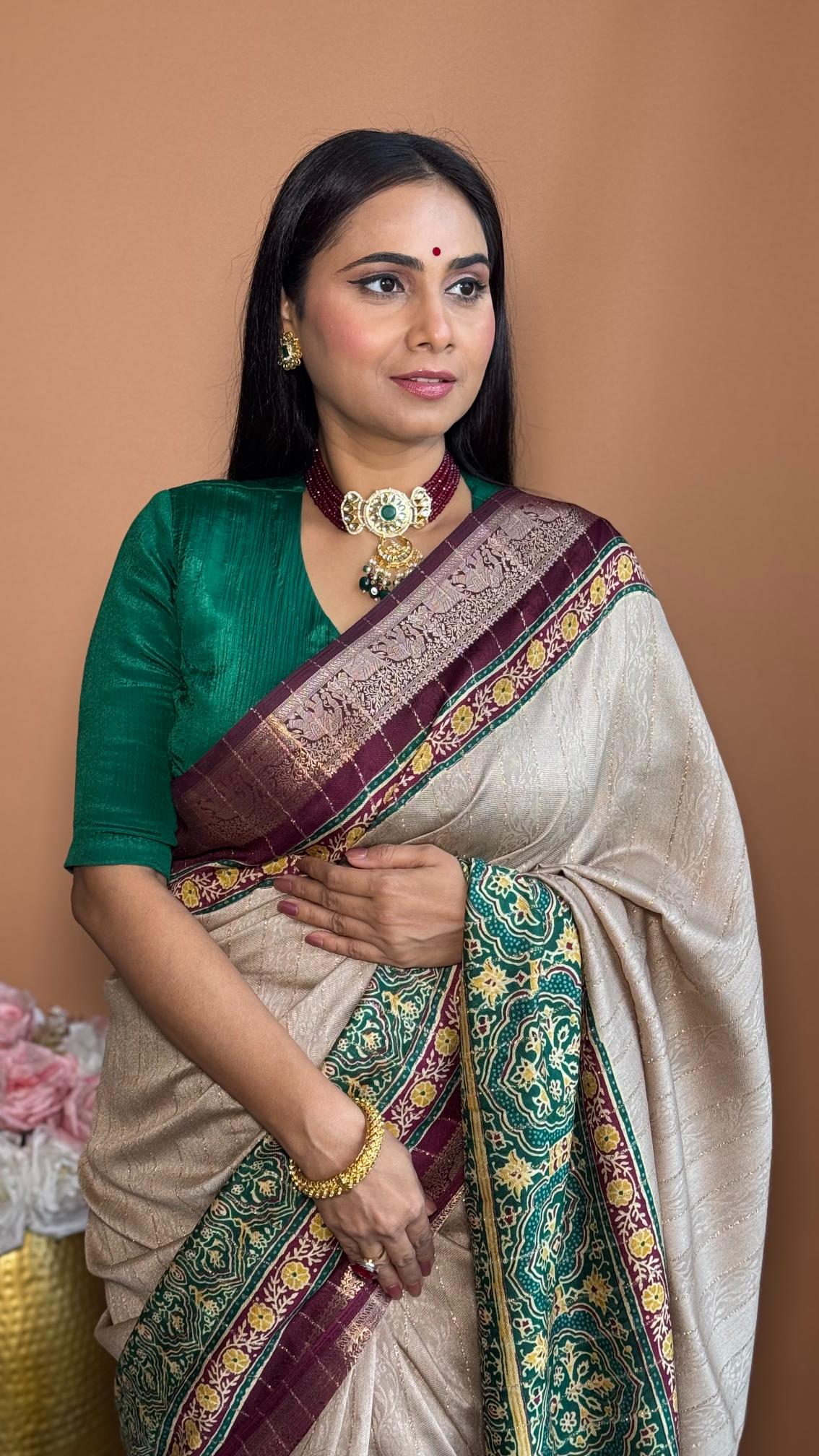 Luxurious Chiku And wine Ajrakh Kashmiri Modal silk Saree